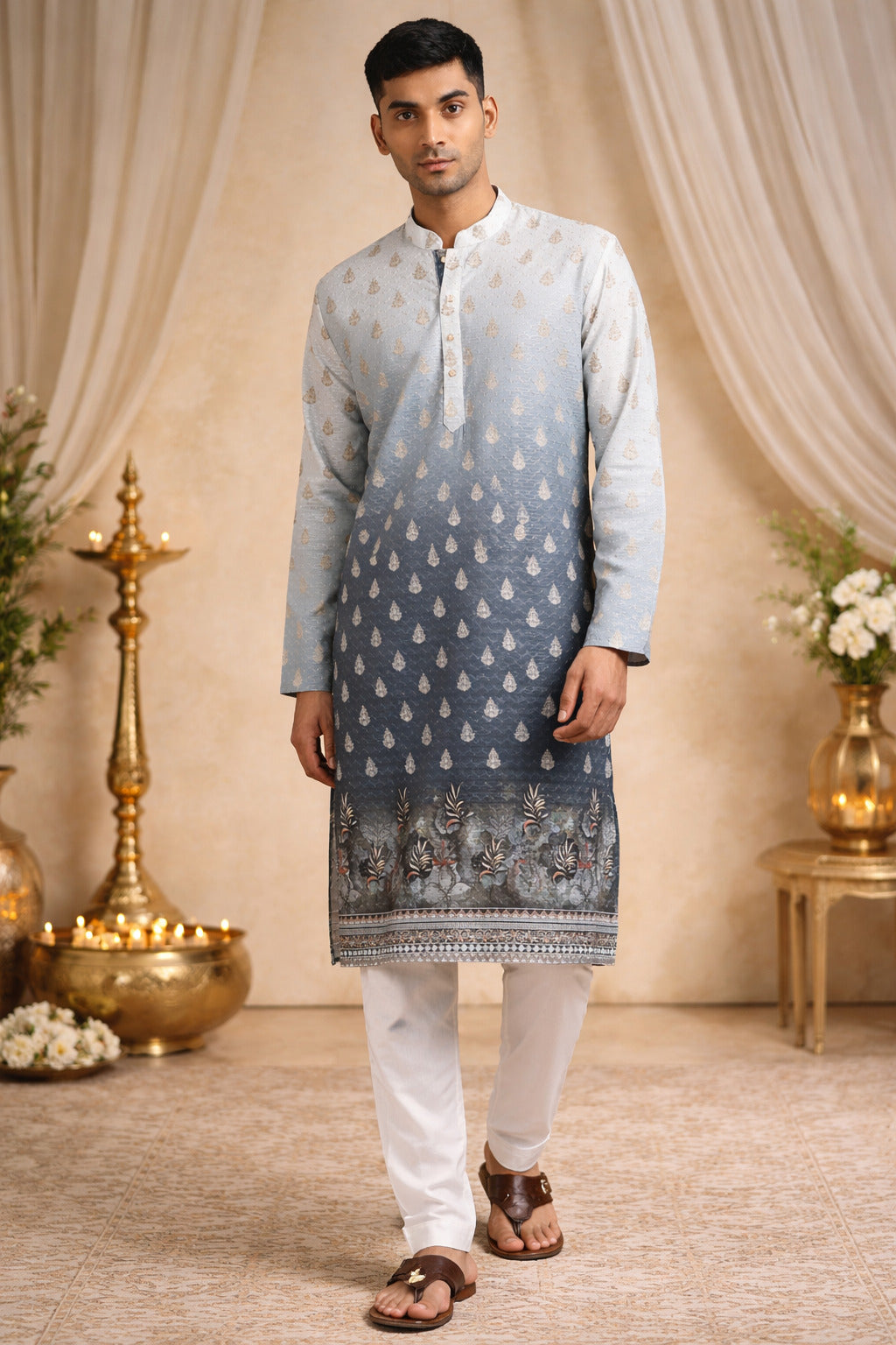 Tattva Men Ethnic Motifs and Daman Printed Sequence Threadwork Kurta Pyjama Set