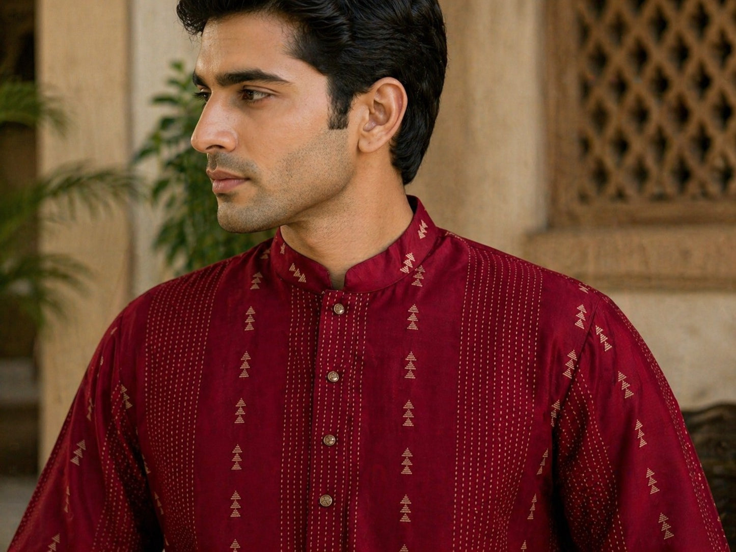 Tattva Men Maroon Embroidered Cotton Silk Kurta with Pyjamas
