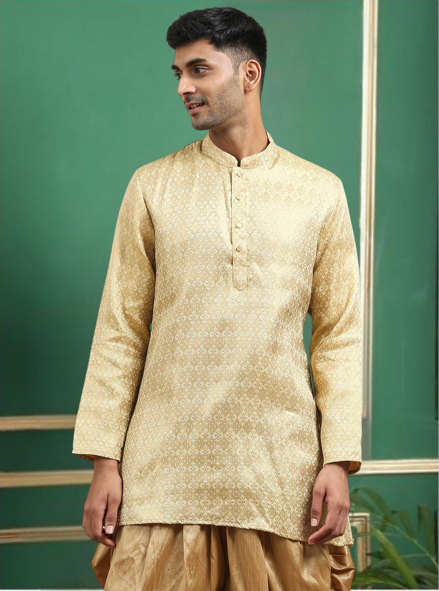 Tattva Beige Toned Woven Design Cotton Short Kurta