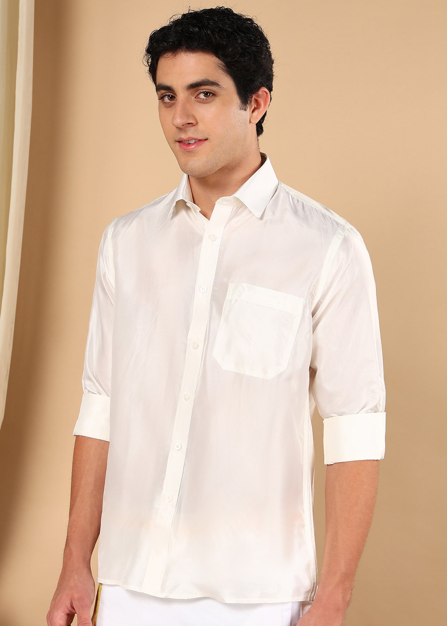 Tattva Men Off White Pure Silk Solid Opaque Shirt