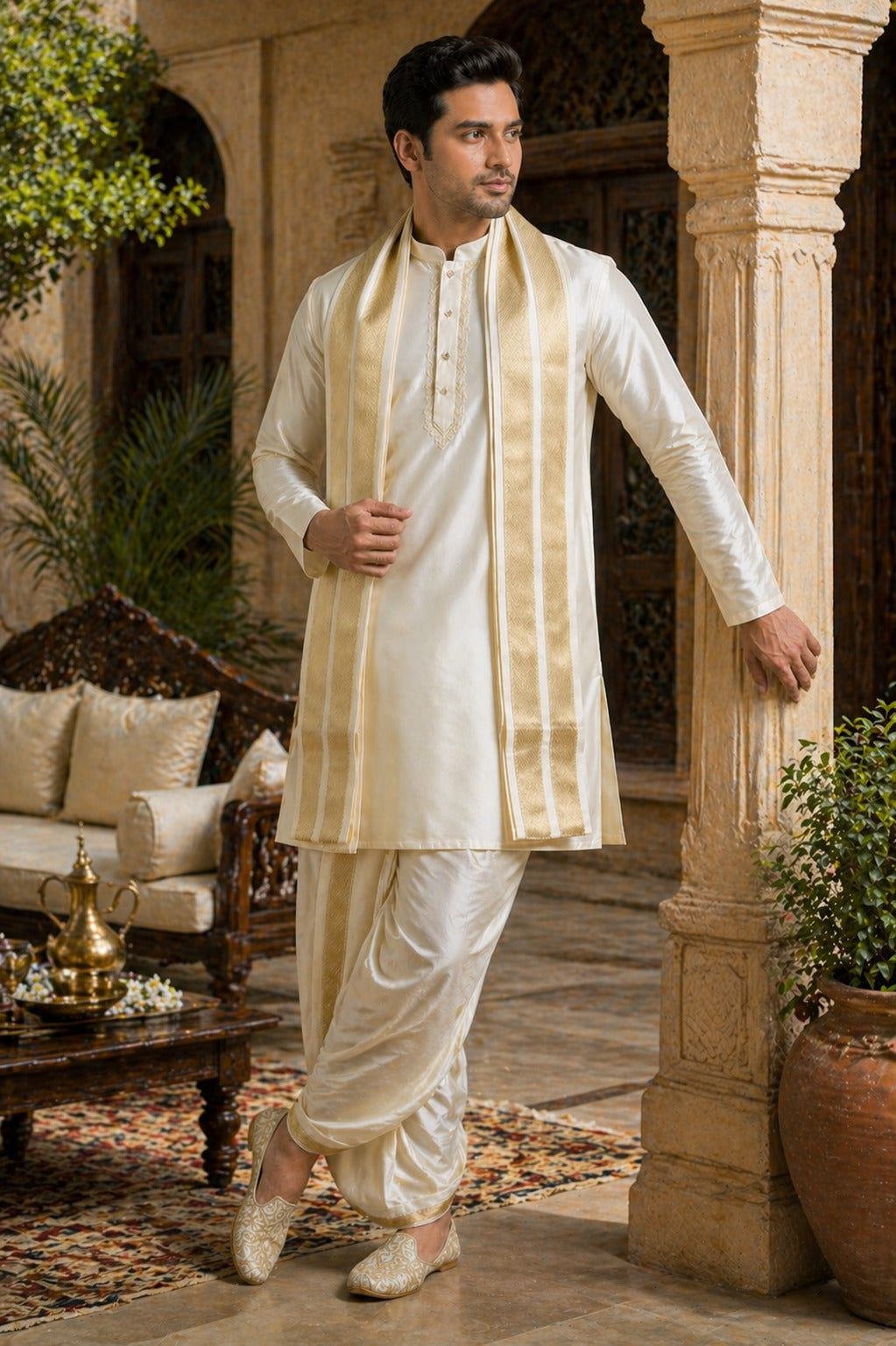 Tattva Men Cream Toned Art Silk Kurta Dhoti Set