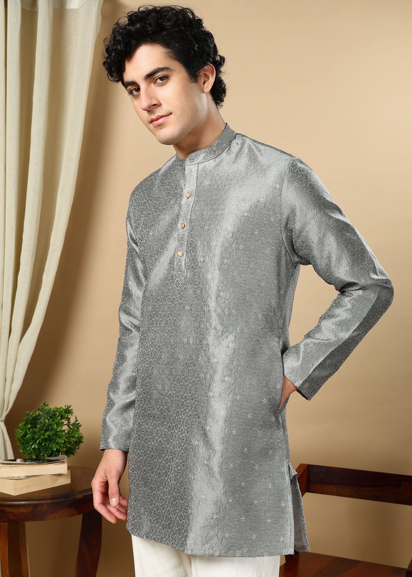 Tattva Grey Toned Woven Design Short Kurta