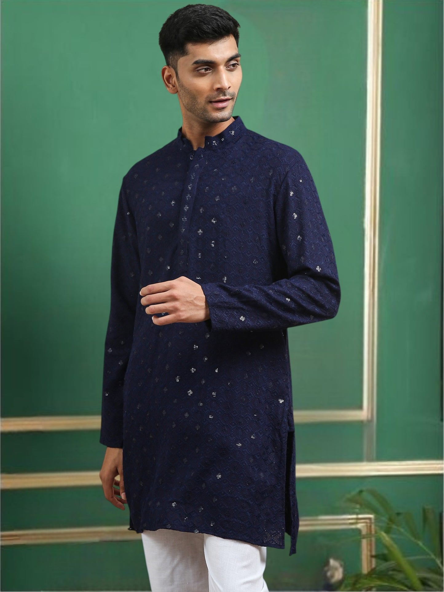 Tattva Navy Blue Toned chikankari Cotton Short Kurta