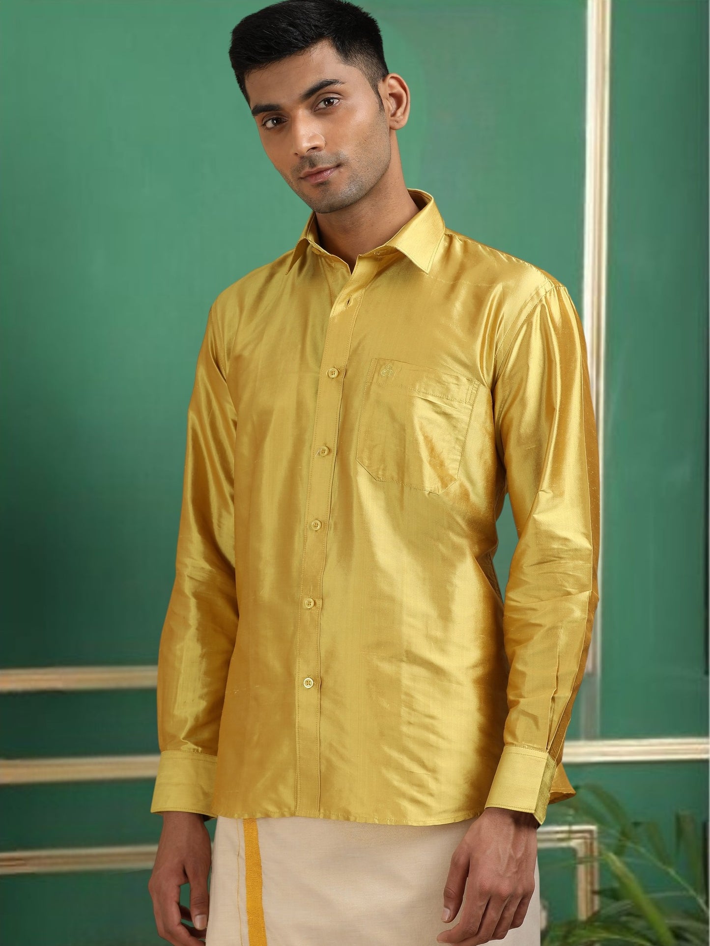 Tattva Men Green Gold Toned Pure Silk Shirt
