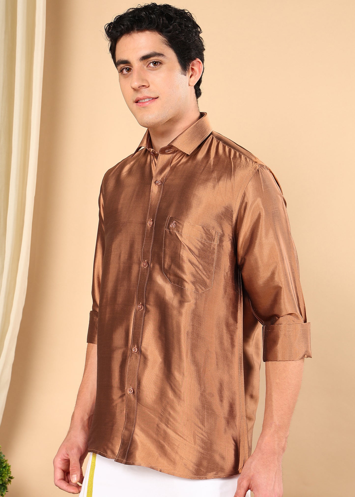 Tattva Men Burnt Copper Pure Silk Solid Opaque Shirt