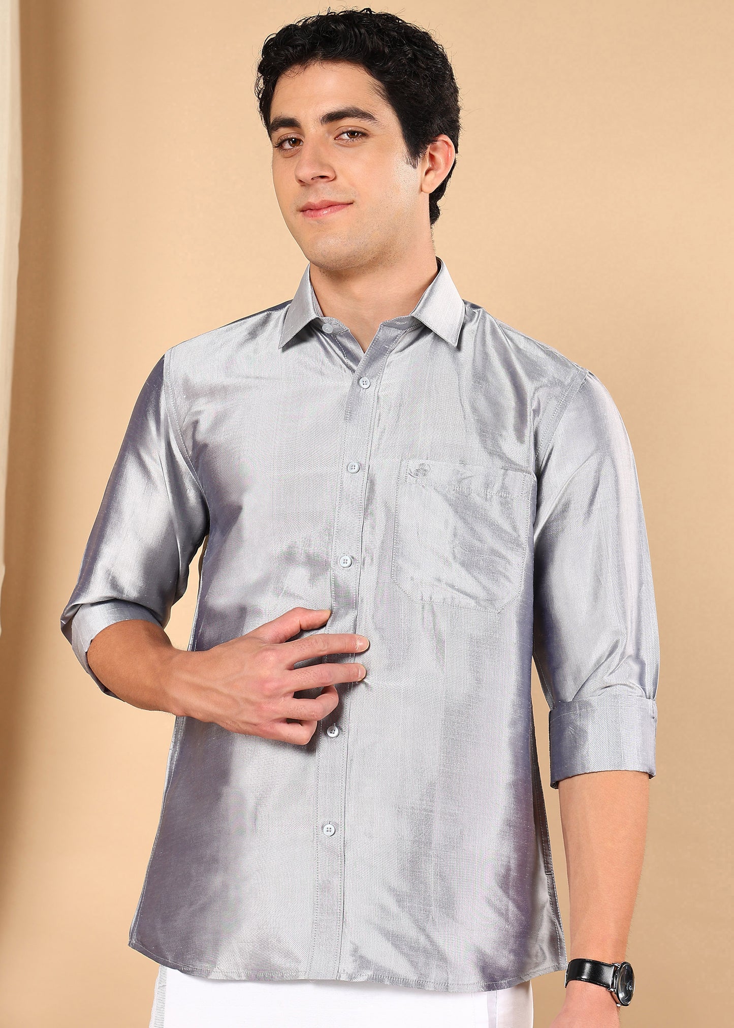 Tattva Men Silver Grey Pure Silk Solid Opaque Shirt