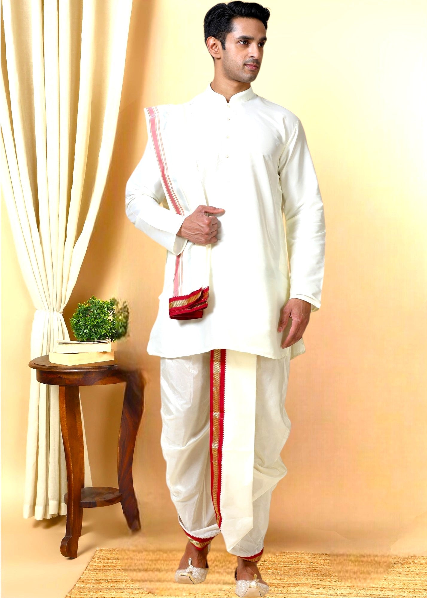 Tattva Men Regular Long Sleeves Mandarin Collar Kurta with Dhoti Pants &  Dupatta