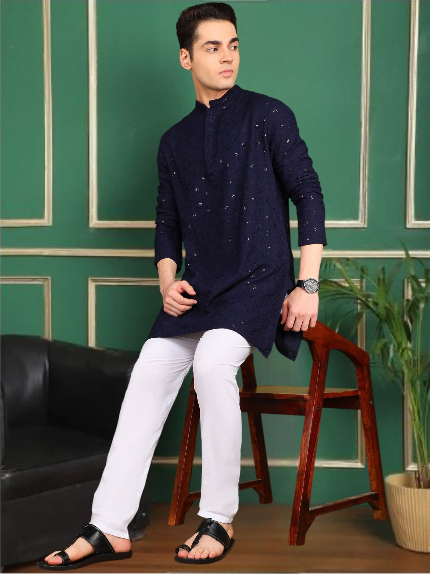 Tattva Men Navy Blue Short Kurta