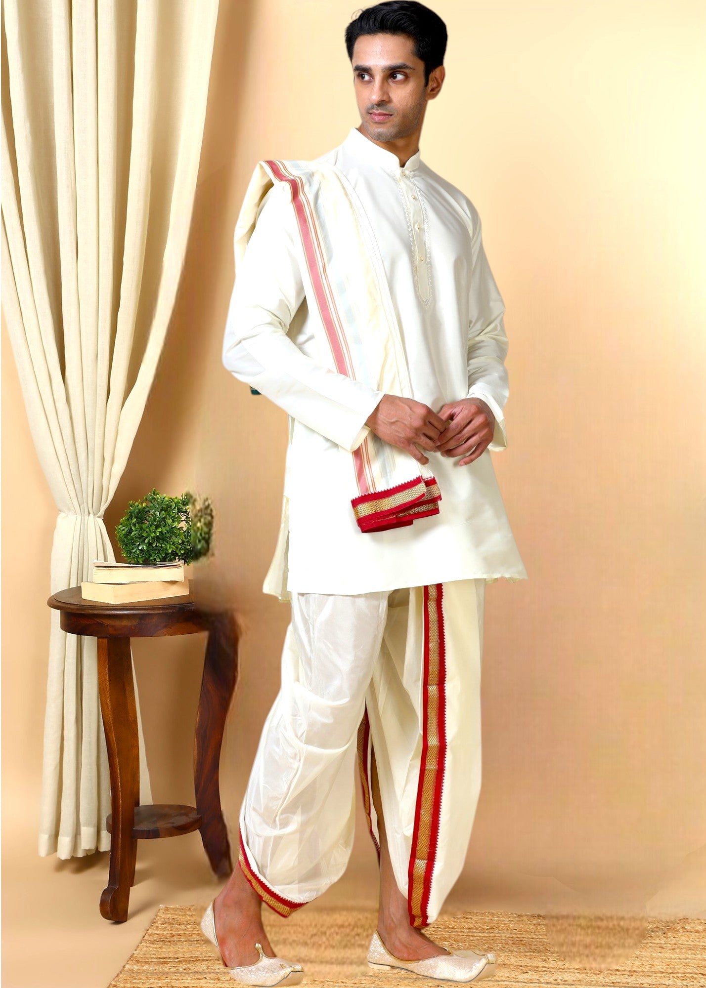 Tattva Men Regular Long Sleeves Mandarin Collar Kurta with Dhoti Pants &  Dupatta