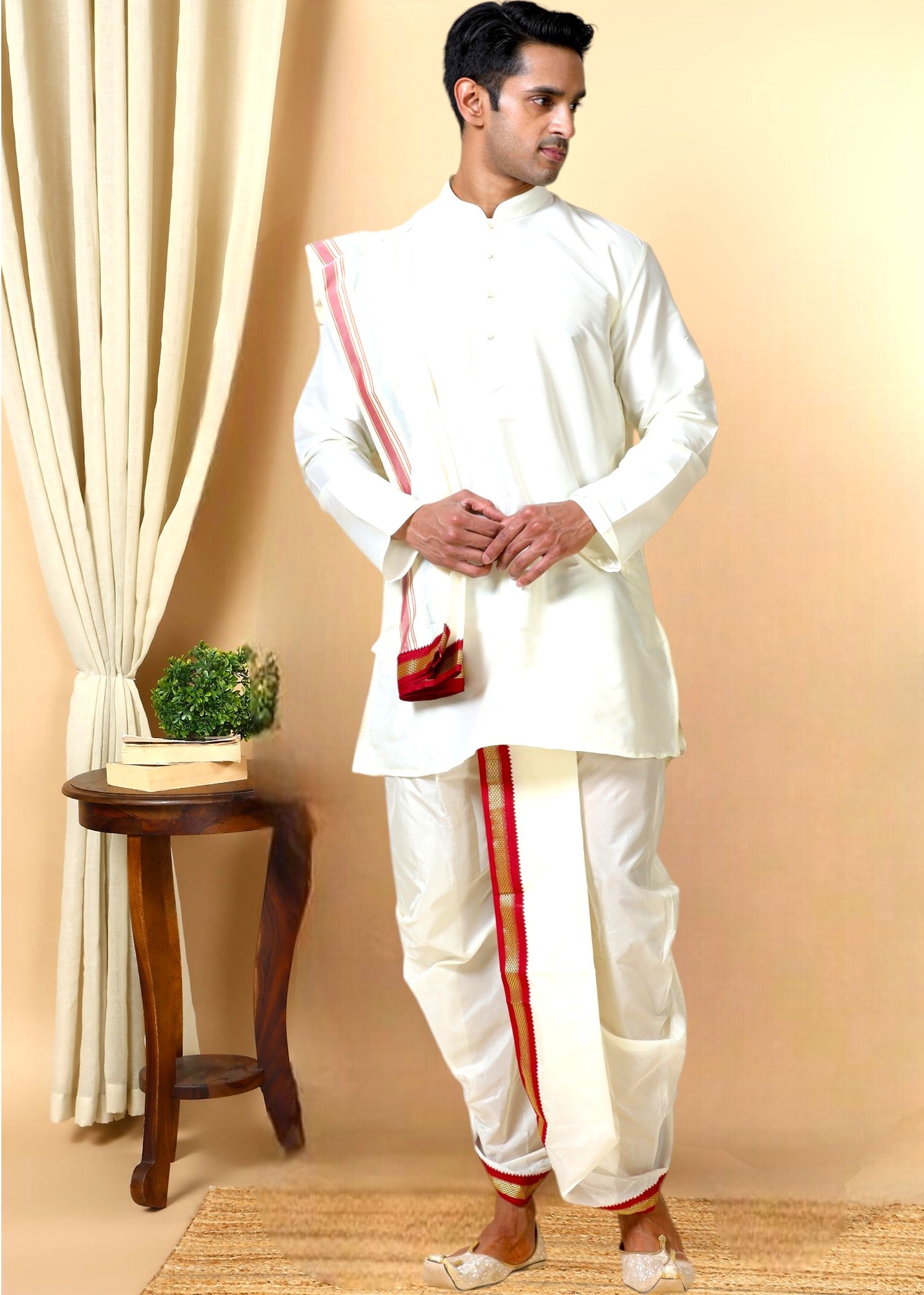 Tattva Men Regular Long Sleeves Mandarin Collar Kurta with Dhoti Pants &  Dupatta