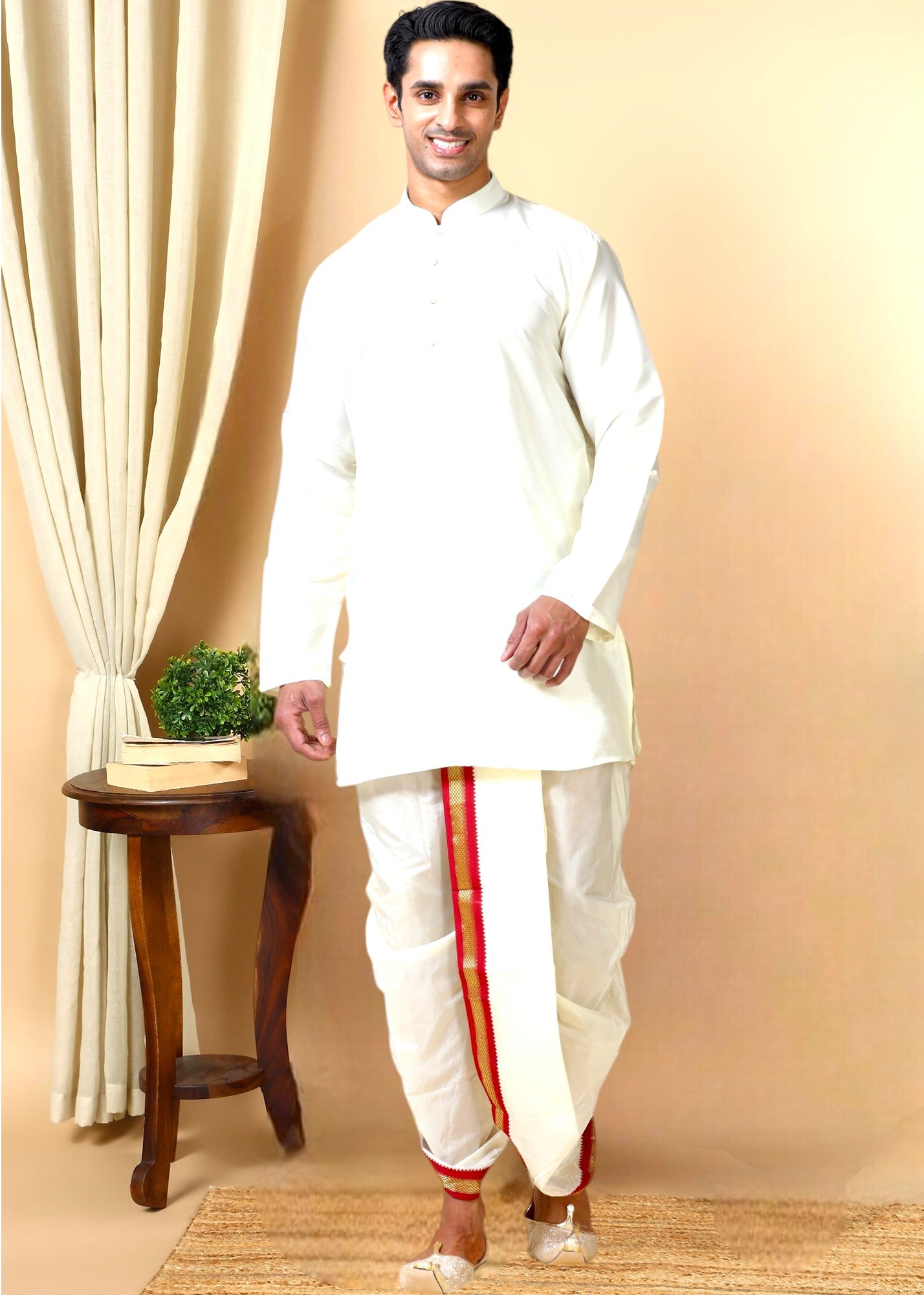 Tattva Men Regular Long Sleeves Mandarin Collar Kurta with Dhoti Pants &  Dupatta