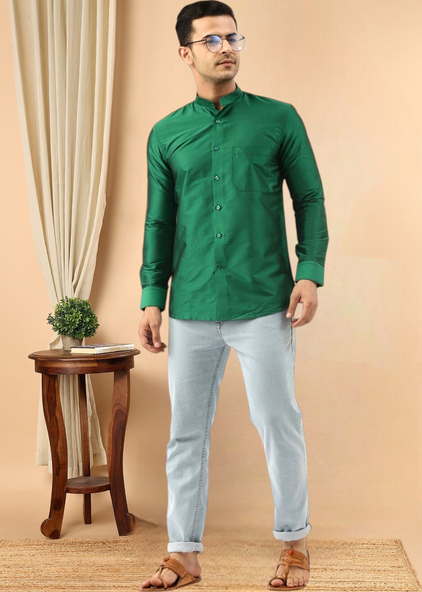 Green Color Slim Fit Solid Party Shirt
