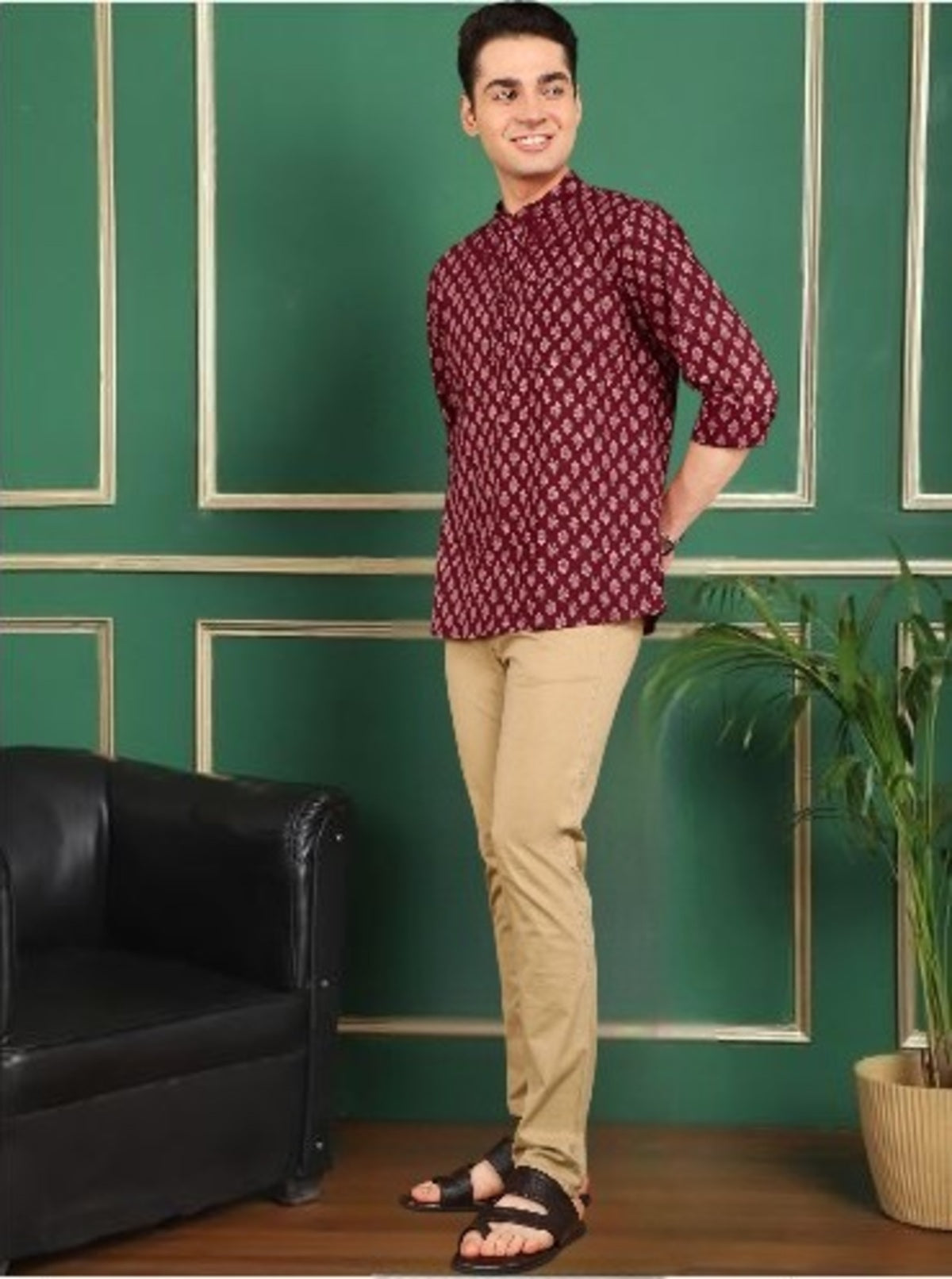 Tattva Men Maroon Short Kurta
