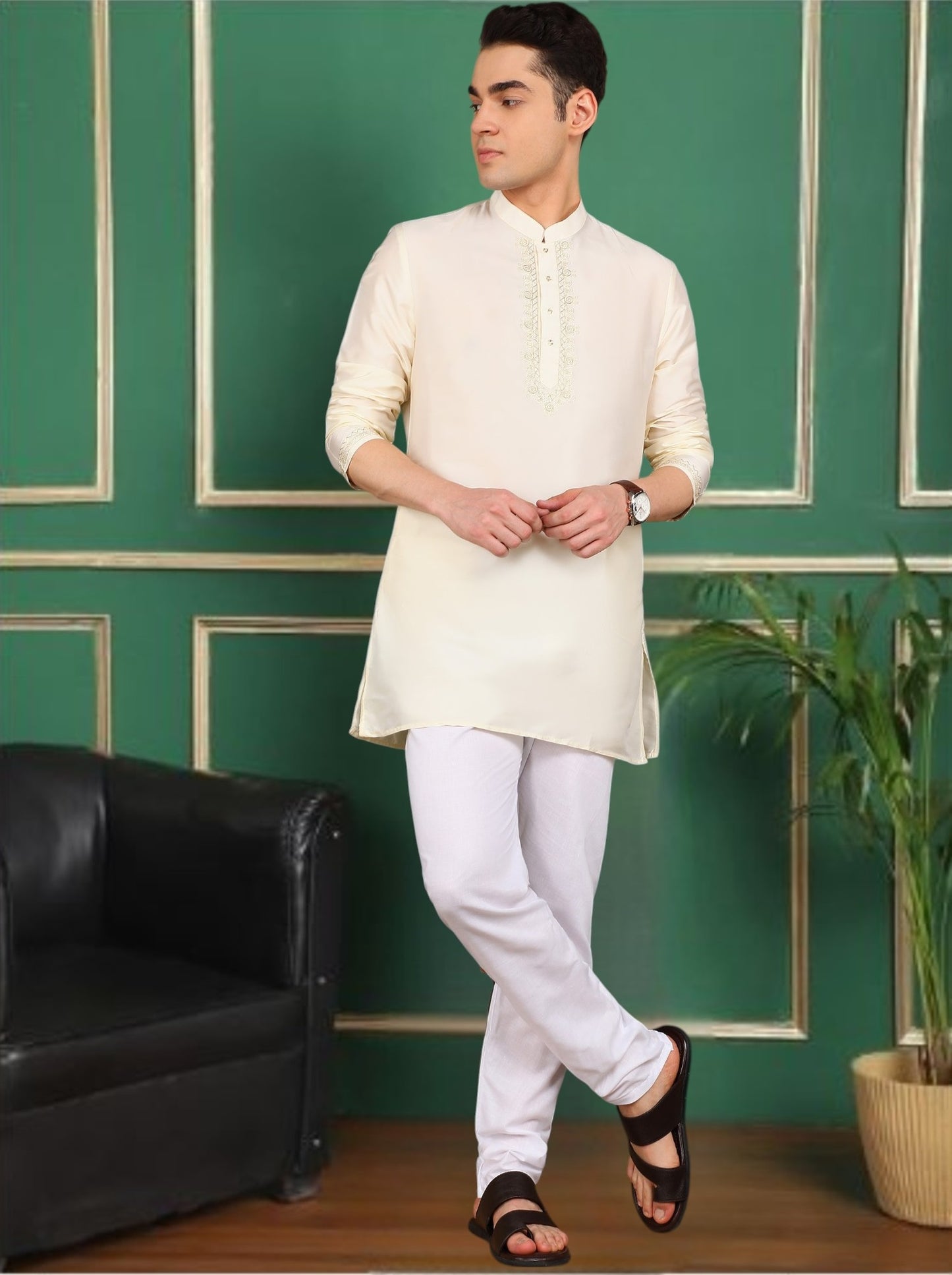 Tattva Men Cream Toned Short Kurta