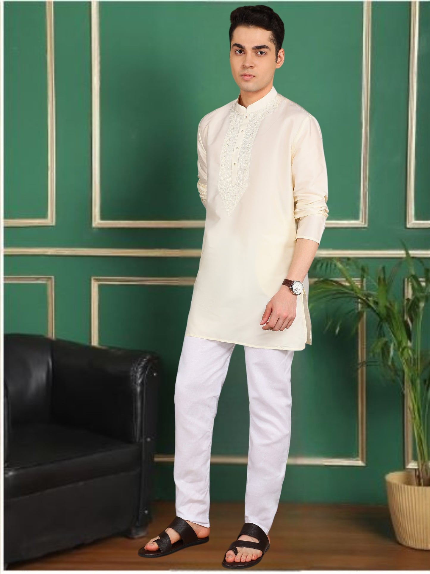 Tattva Men Cream Colored Short Kurta