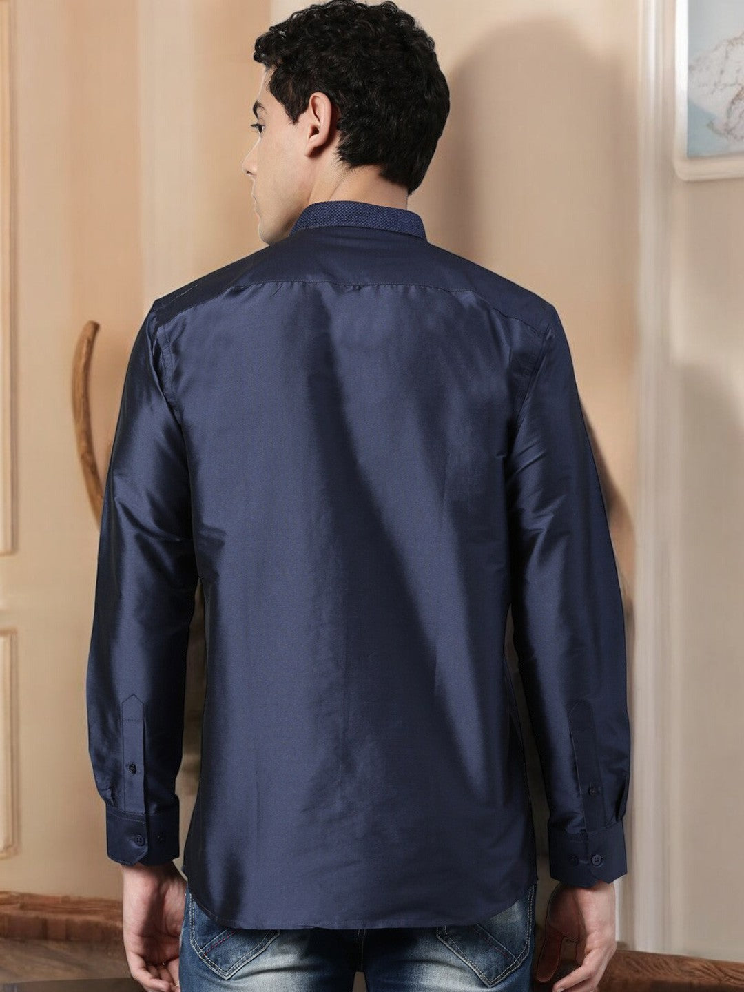 Navy Blue Color Art Silk Slim Fit Solid Party Shirt