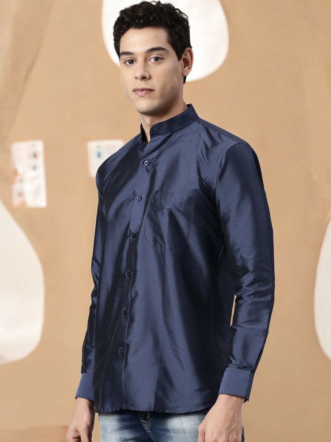 Navy Blue Color Art Silk Slim Fit Solid Party Shirt