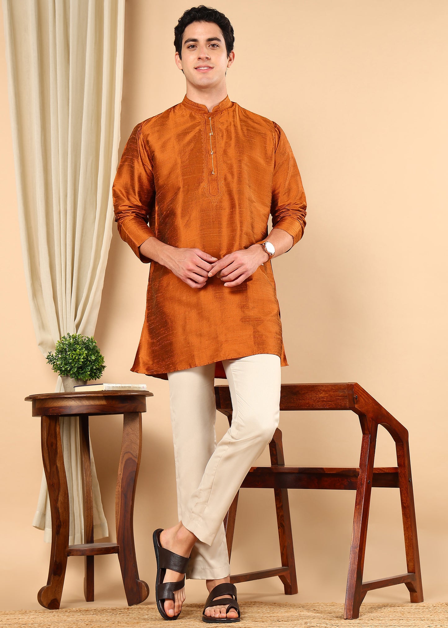 Tattva Men Solid Short Silk Kurta