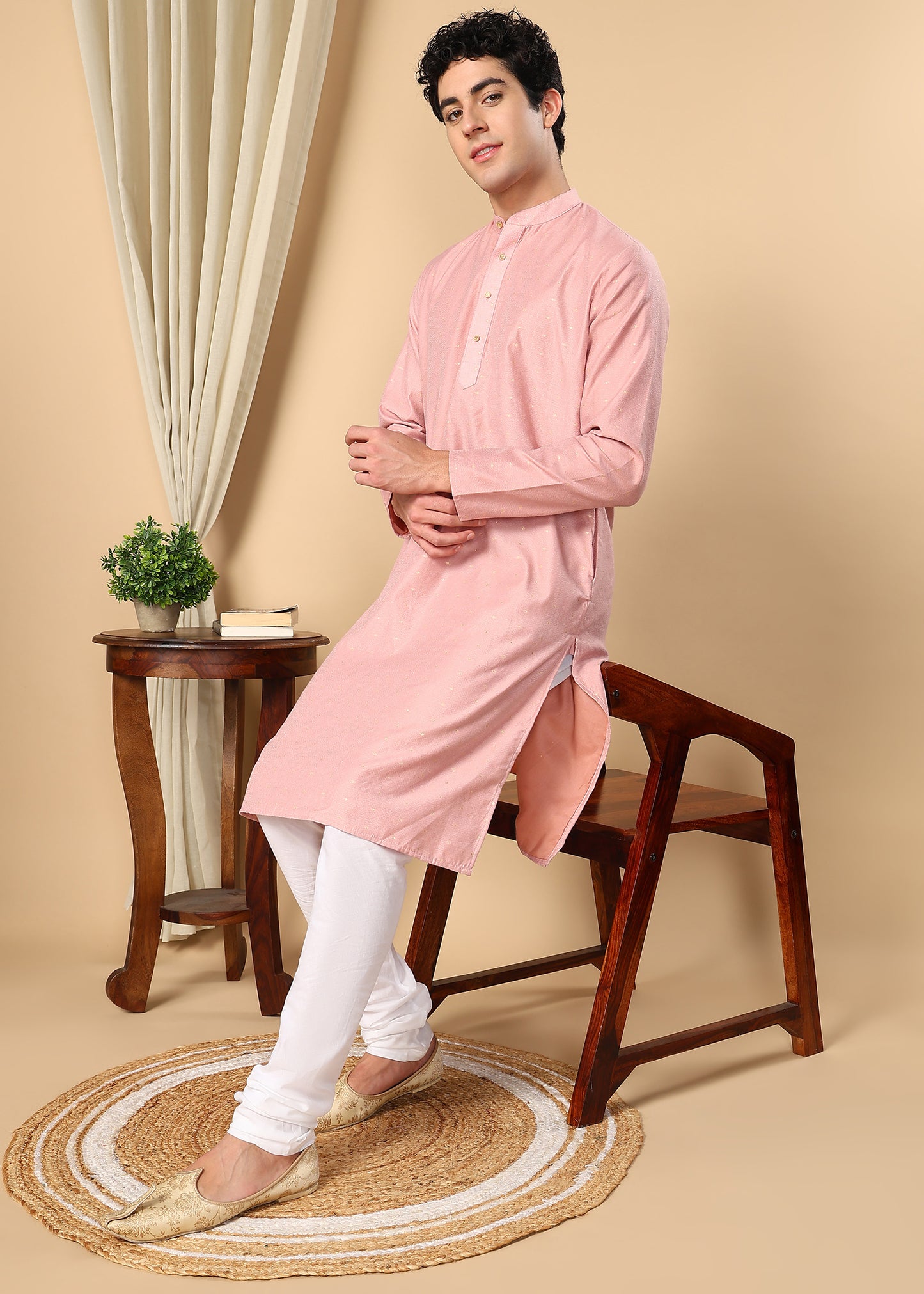 Tattva Woven Design Band Collar Embellished Straight Kurta