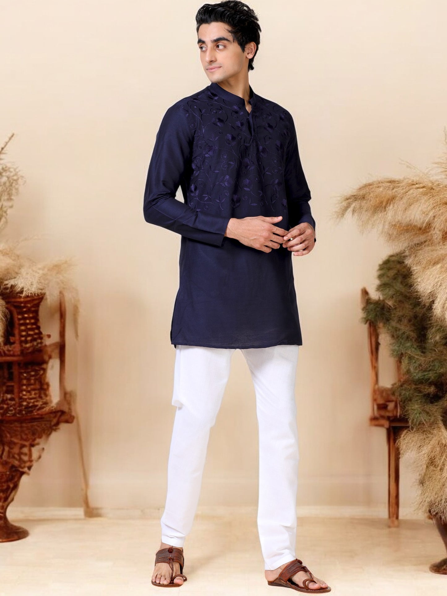 Tattva Men Embroidered Cotton Blend Asymmetric Kurta