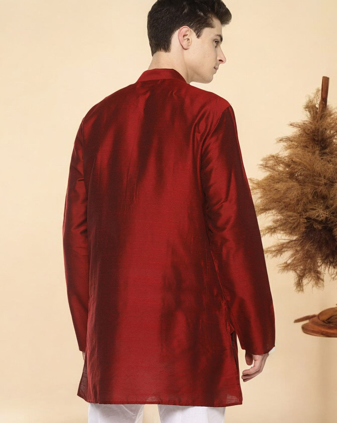 Maroon Cotton Solid Straight Short Kurta