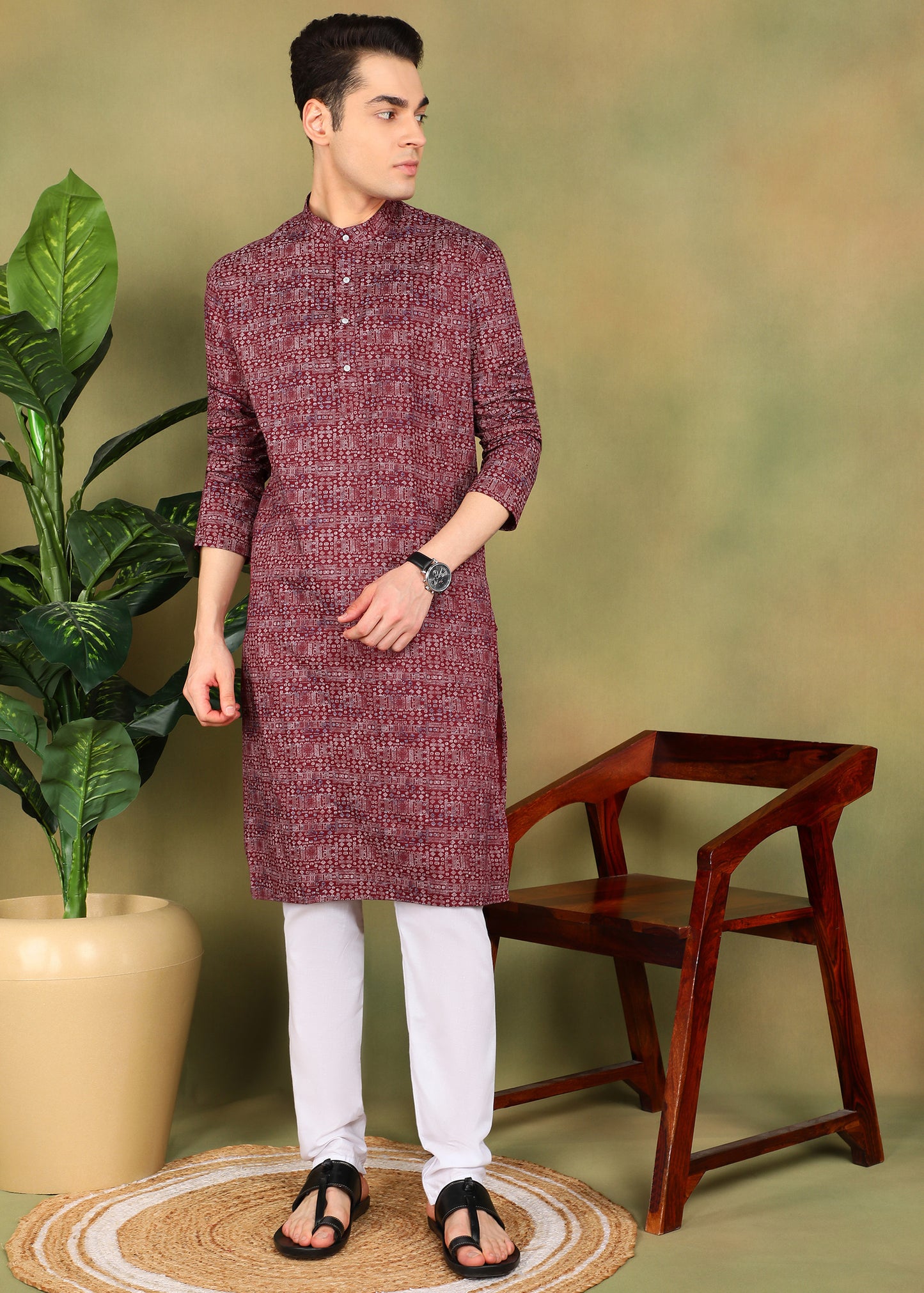 Tattva Men Maroon Long Kurta