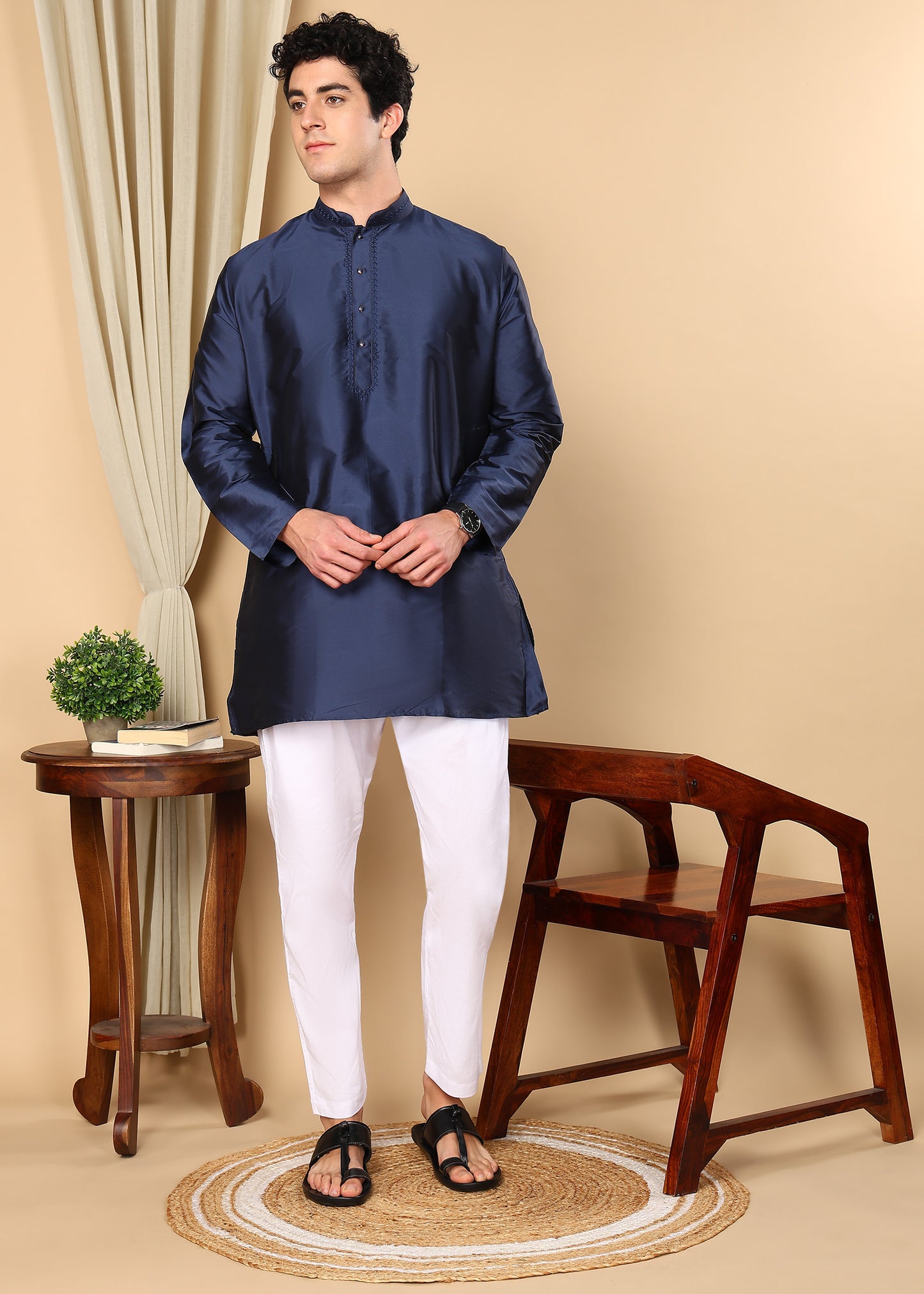 Tattva Men Navy Blue Solid Short Kurta