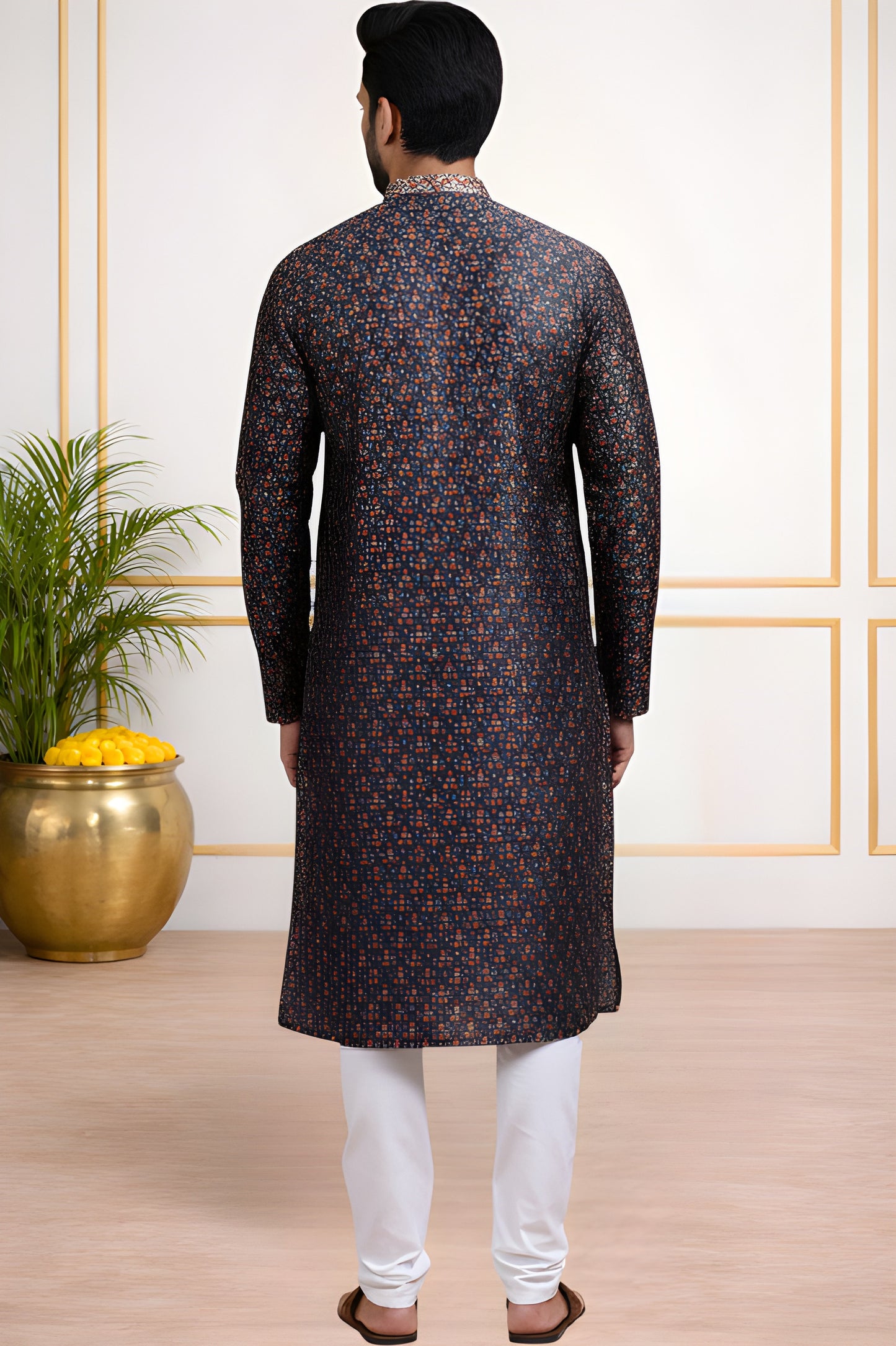 Tattva Men Black Printed Kurta Set with Embroidered Placket & Mandarin Collar