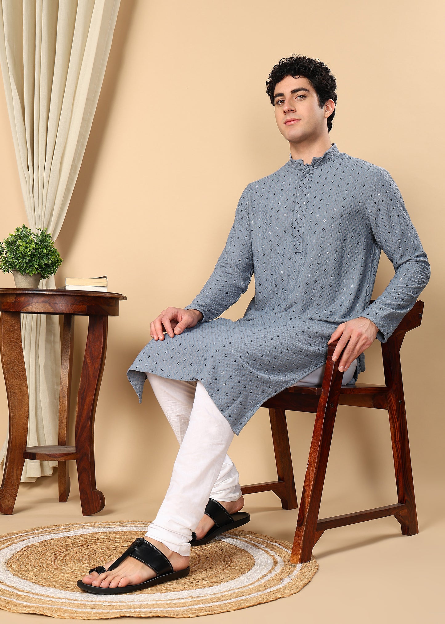 Tattva Floral Embroidered Sequined Mandarin Collar Straight Kurta