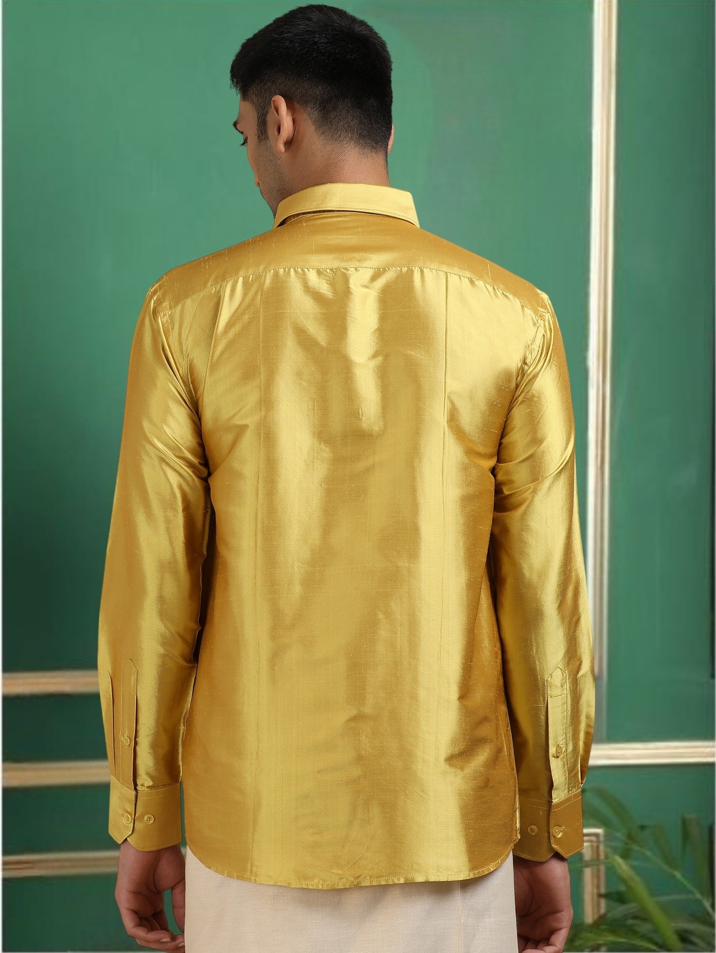 Tattva Men Green Gold Toned Pure Silk Shirt