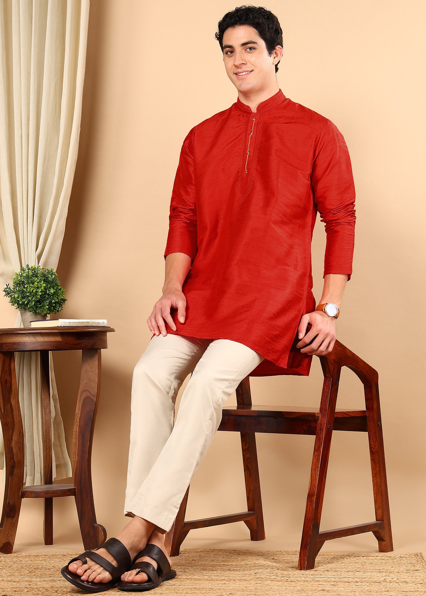 Tattva Men Solid Short Silk Kurta