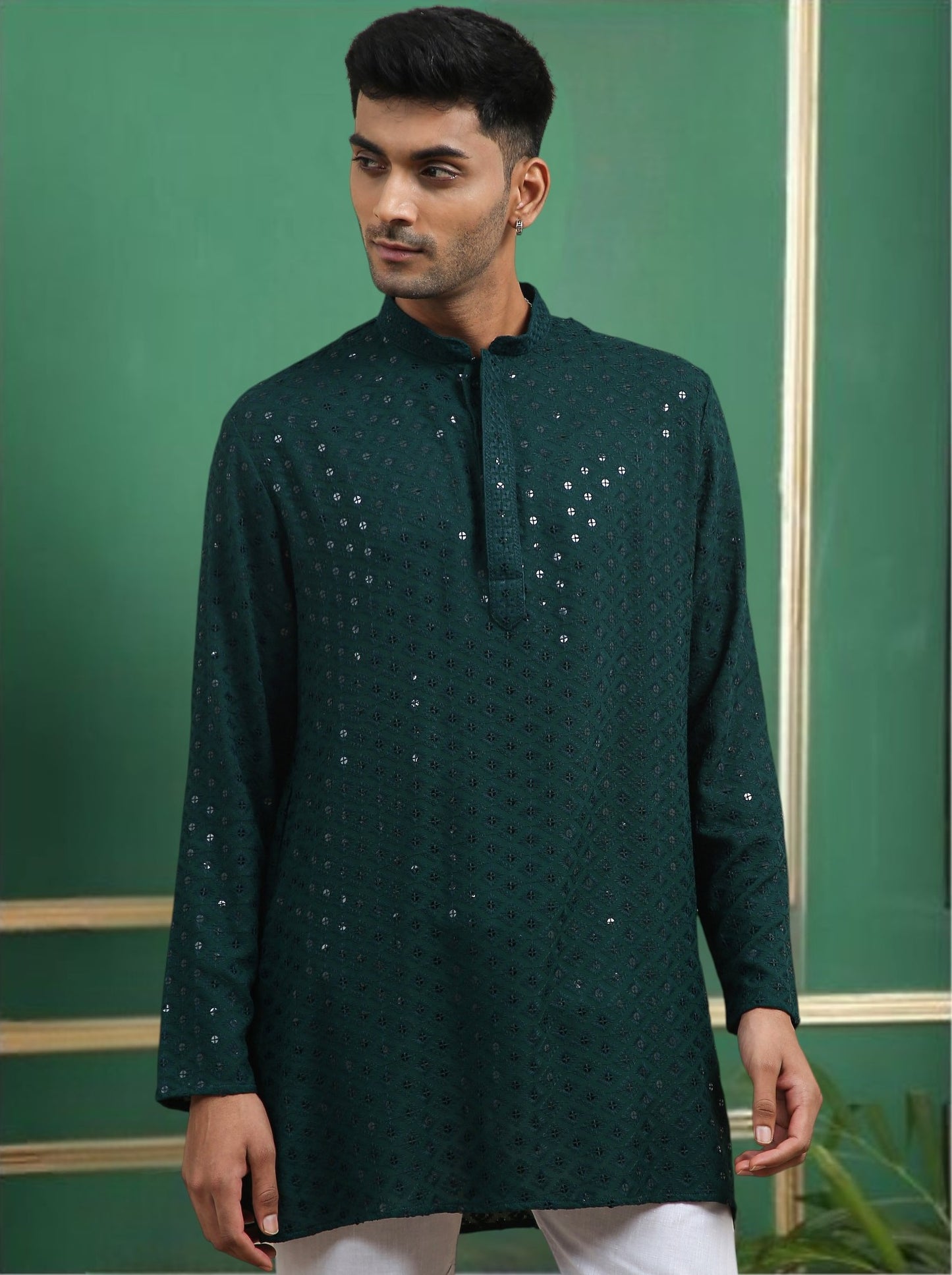 Tattva Dark Green Toned chikankari Cotton Short Kurta