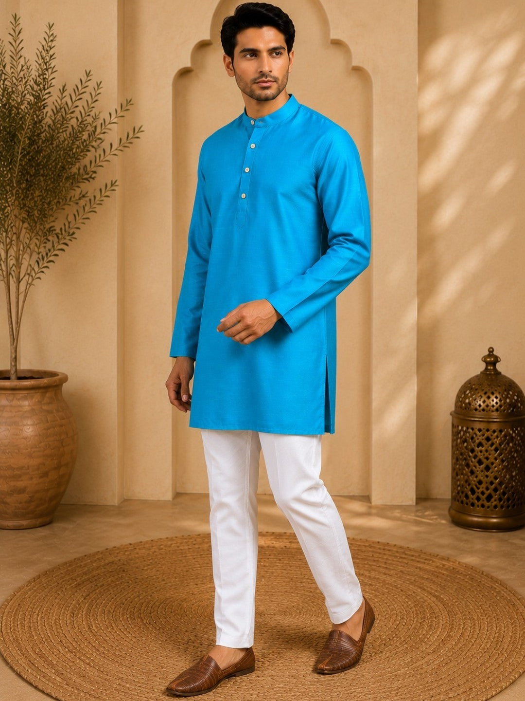 Tattva Men Solid Pure Cotton Short Kurta with Mandarin Collar