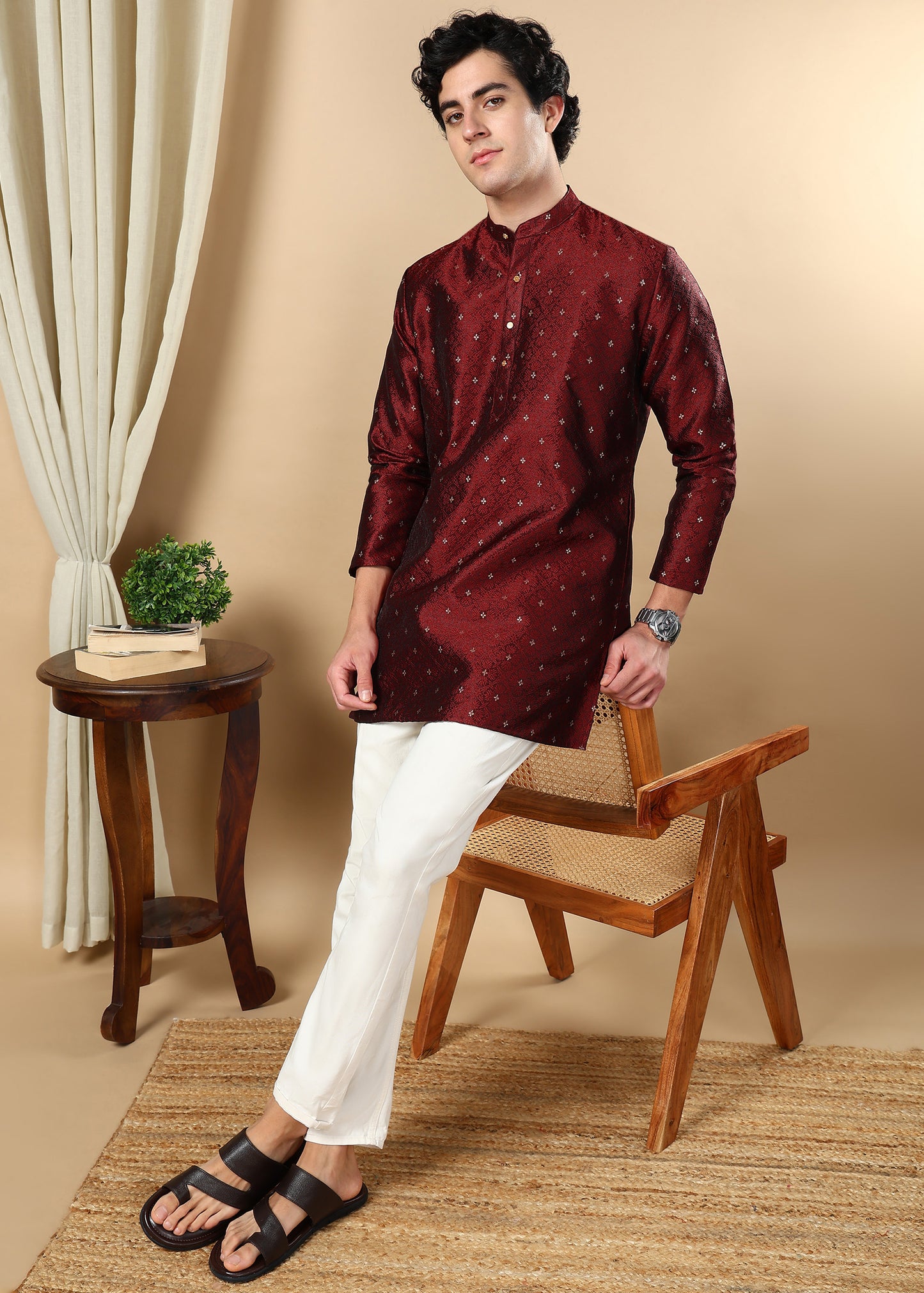 Tattva Maroon Toned Woven Design Short Kurta