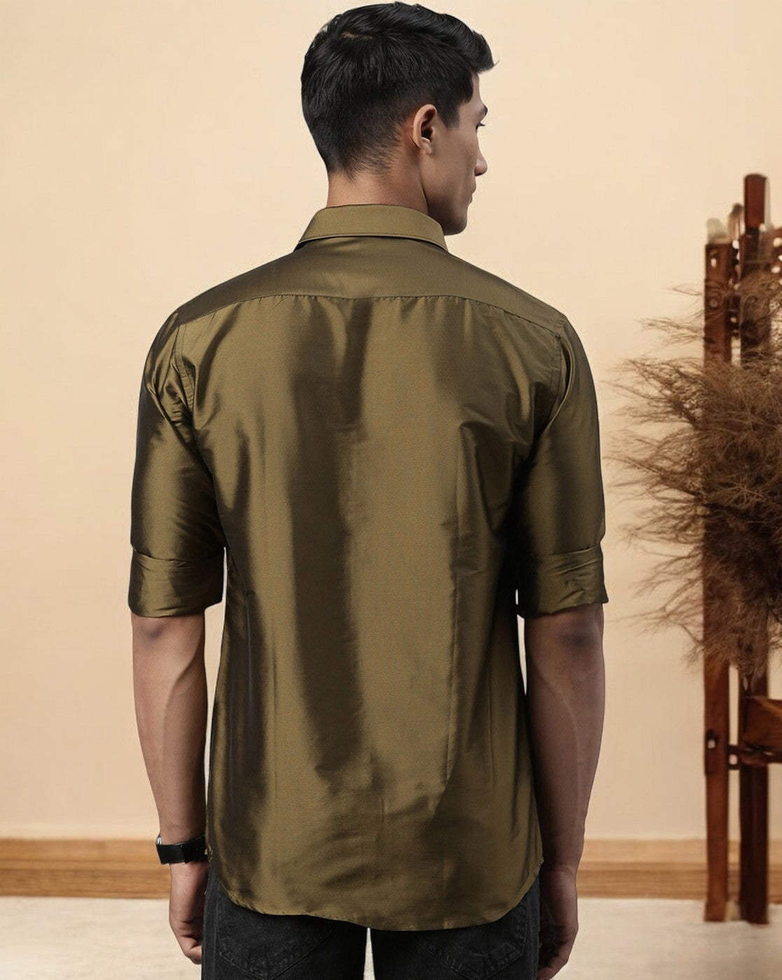 Olive Polyester Slim Fit Solid Shirt