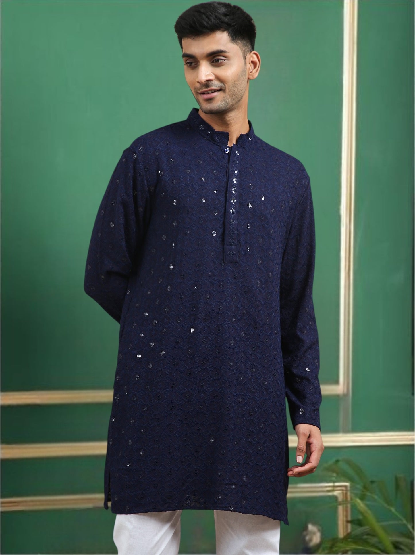 Tattva Navy Blue Toned chikankari Cotton Short Kurta