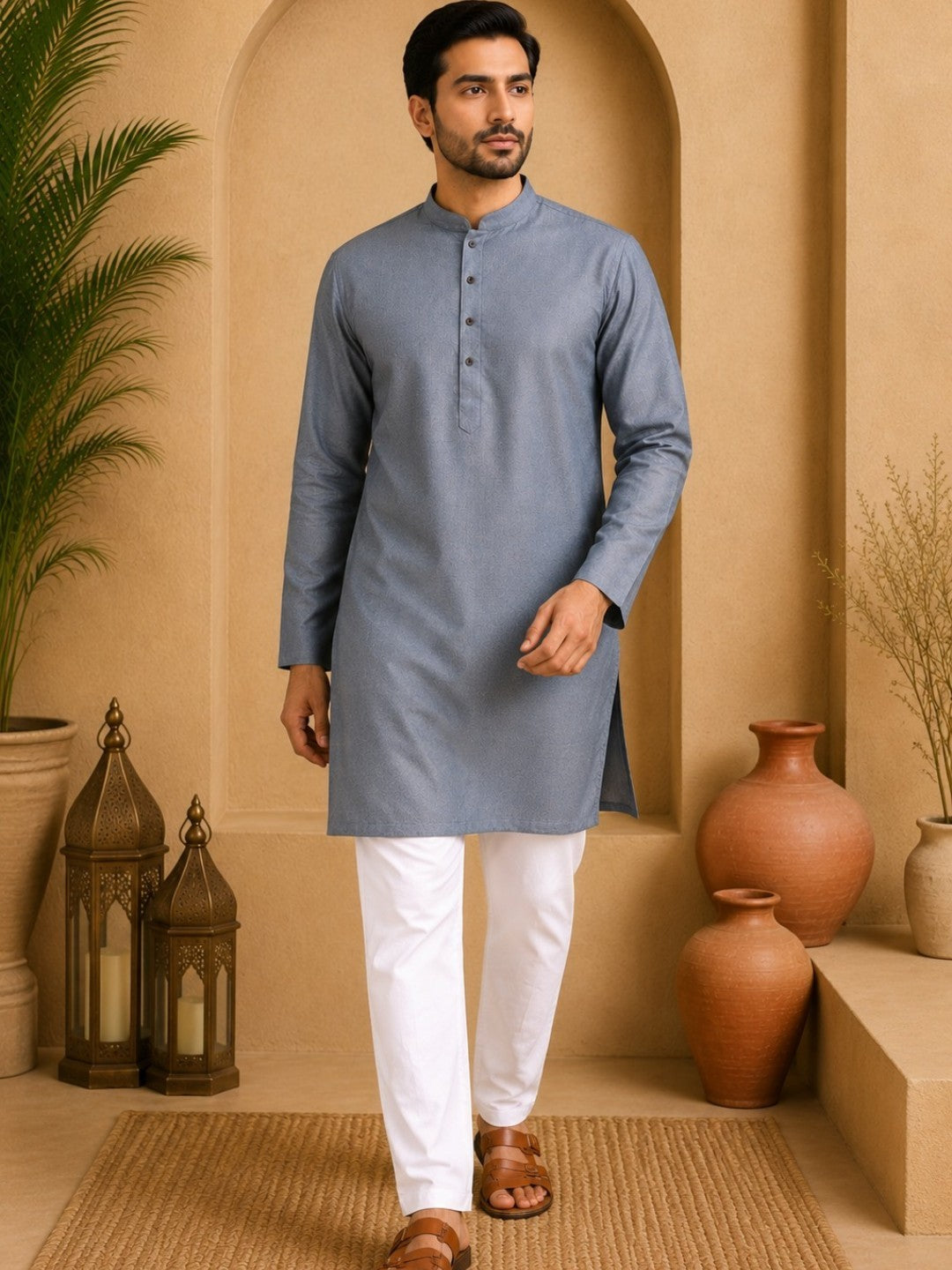 Tattva Men Silver-Toned Applique Mandarin Collar Kurta