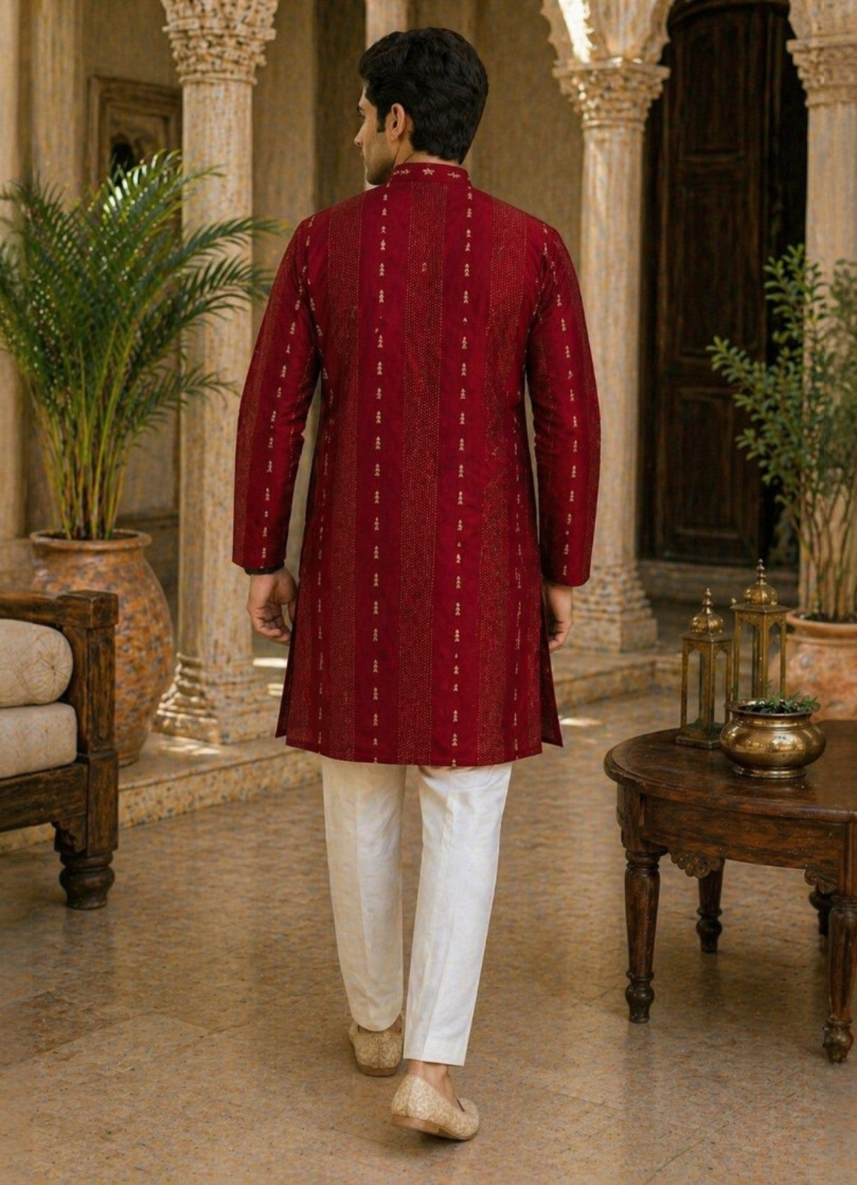 Tattva Men Maroon Embroidered Cotton Silk Kurta with Pyjamas