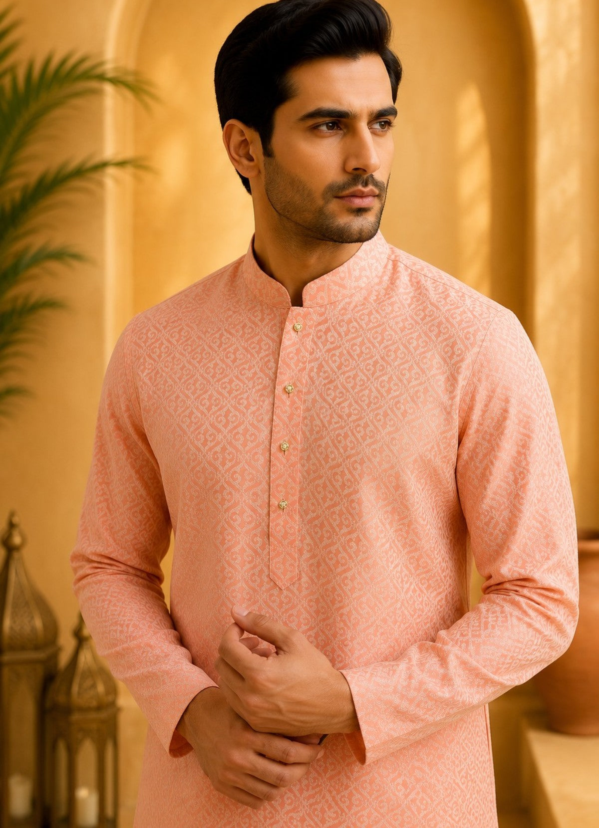 Tattva Men Peach Floral Woven Design Kurta Pyjama