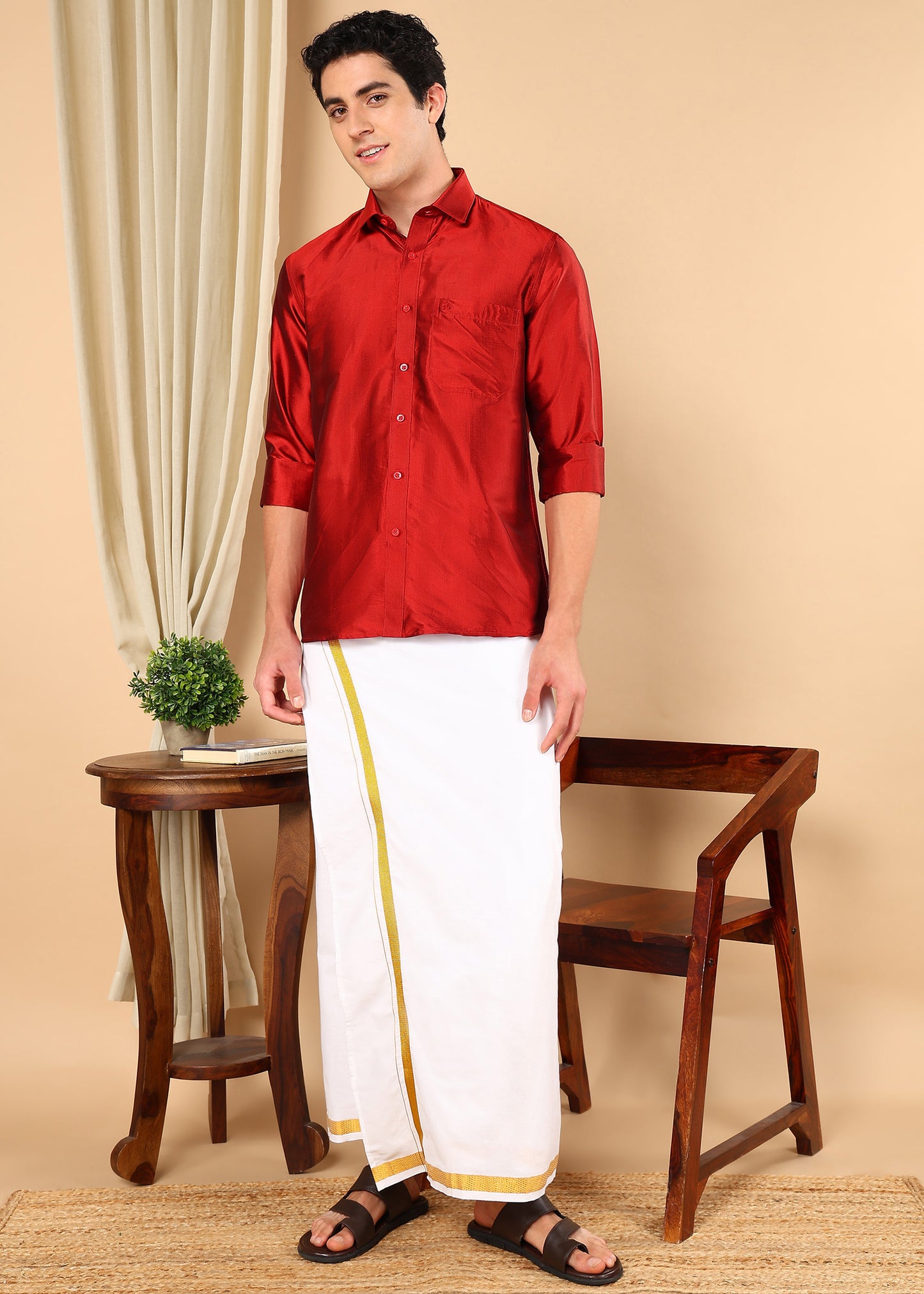 Tattva Men Cherry Red Pure Silk Solid Opaque Shirt