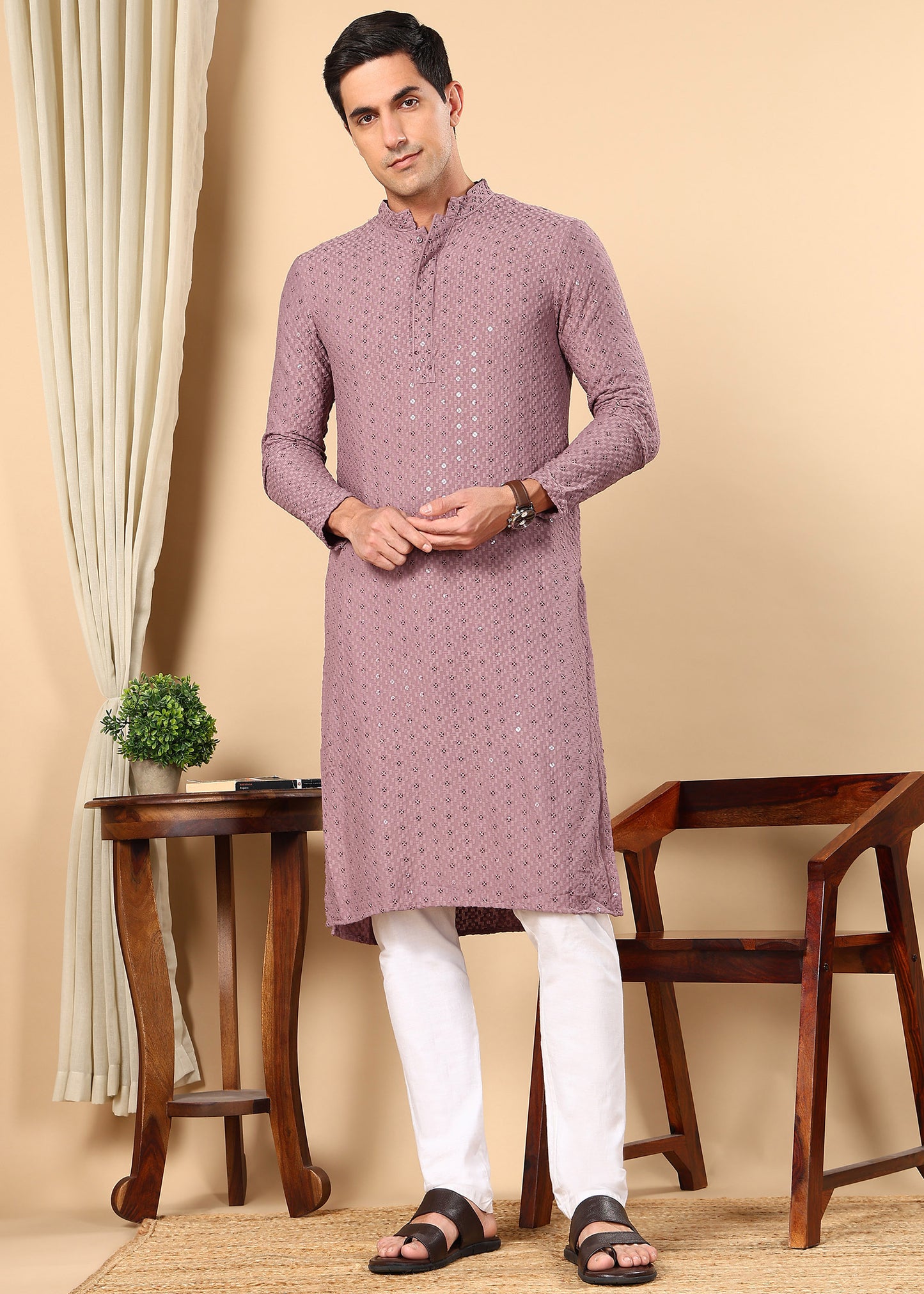 Tattva Men's Embroidered Thread Work Sequinned Kurta