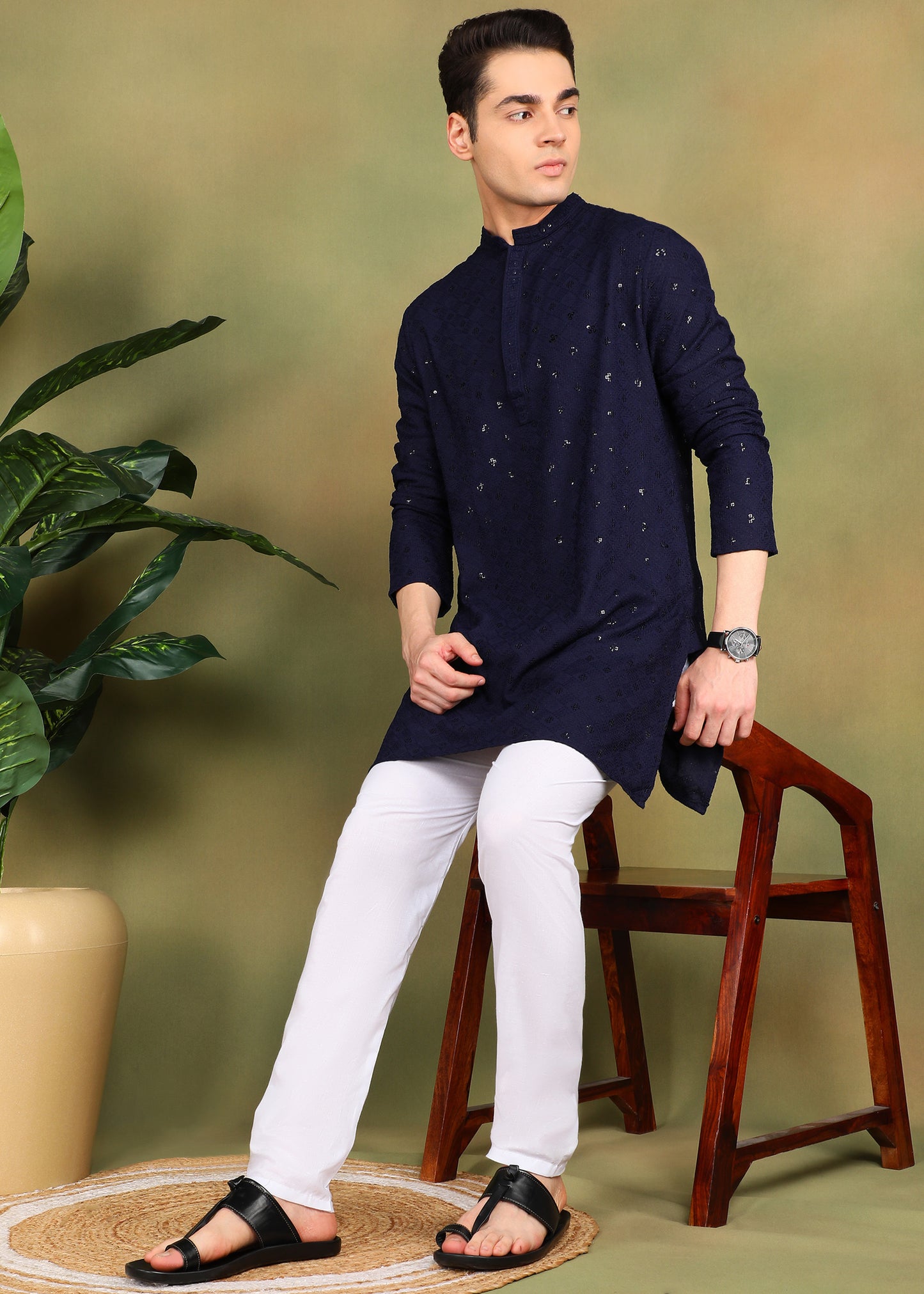 Tattva Men Navy Blue Short Kurta