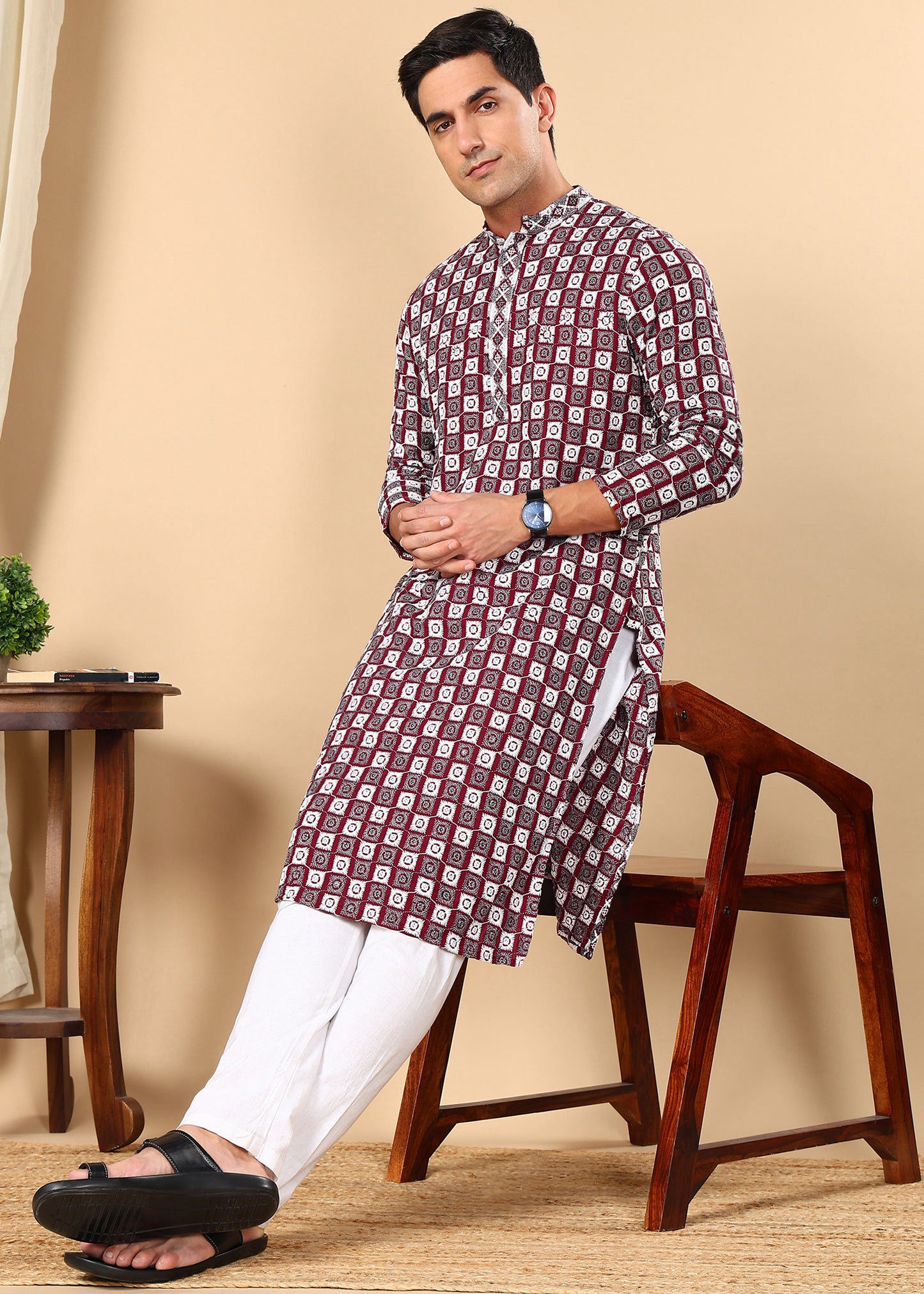 Tattva Men Woven Design Polyester Straight Kurta Set