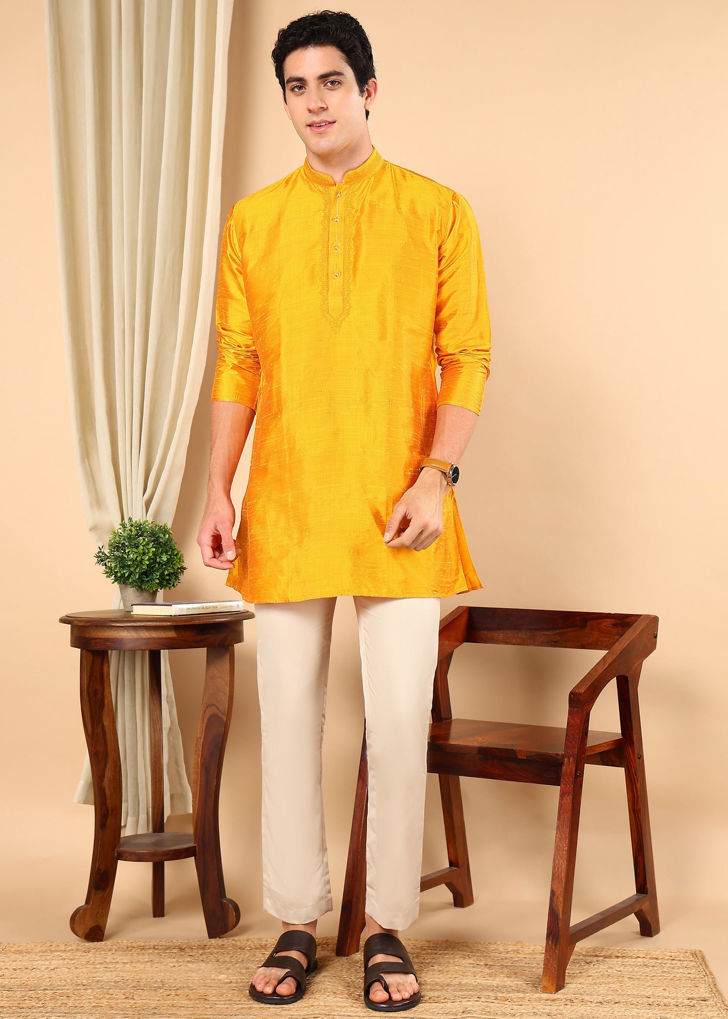 Tattva Men Solid Short Silk Kurta