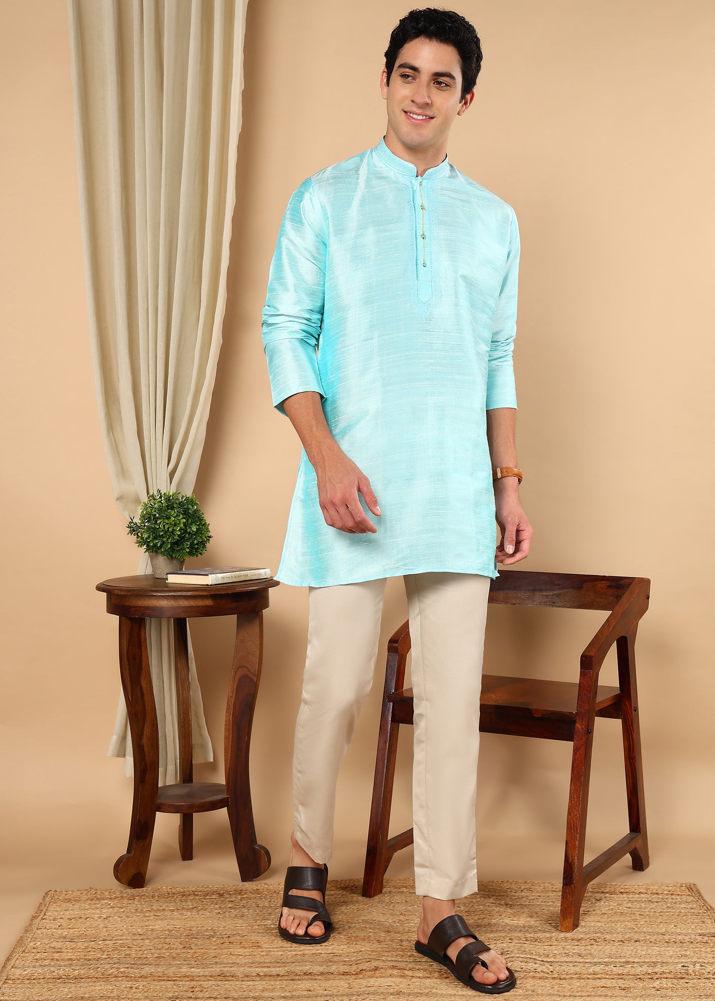 Tattva Men Solid Short Silk Kurta