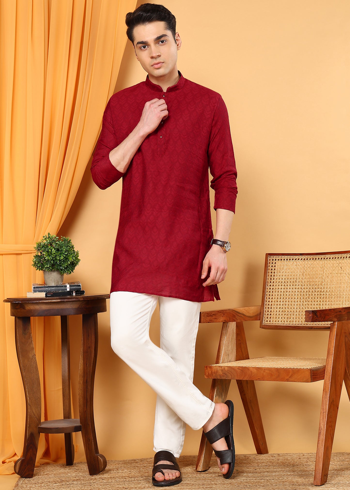 Tattva Men Maroon Colored Floral Embroidered Short Kurta