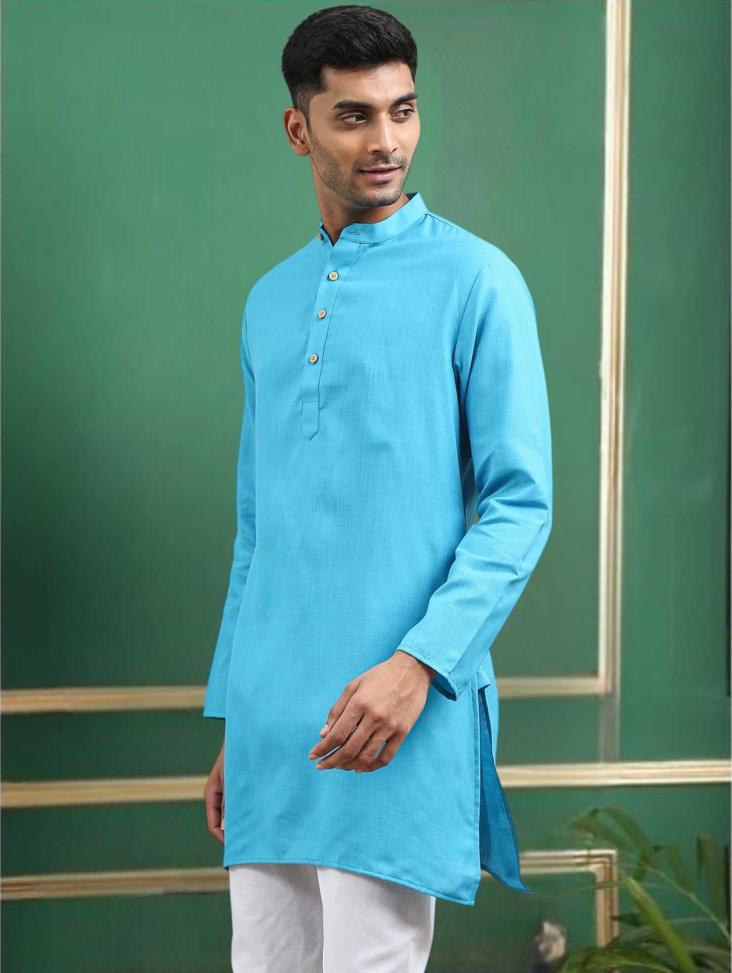 Tattva Turquoise Toned Solid Cotton Short Kurta