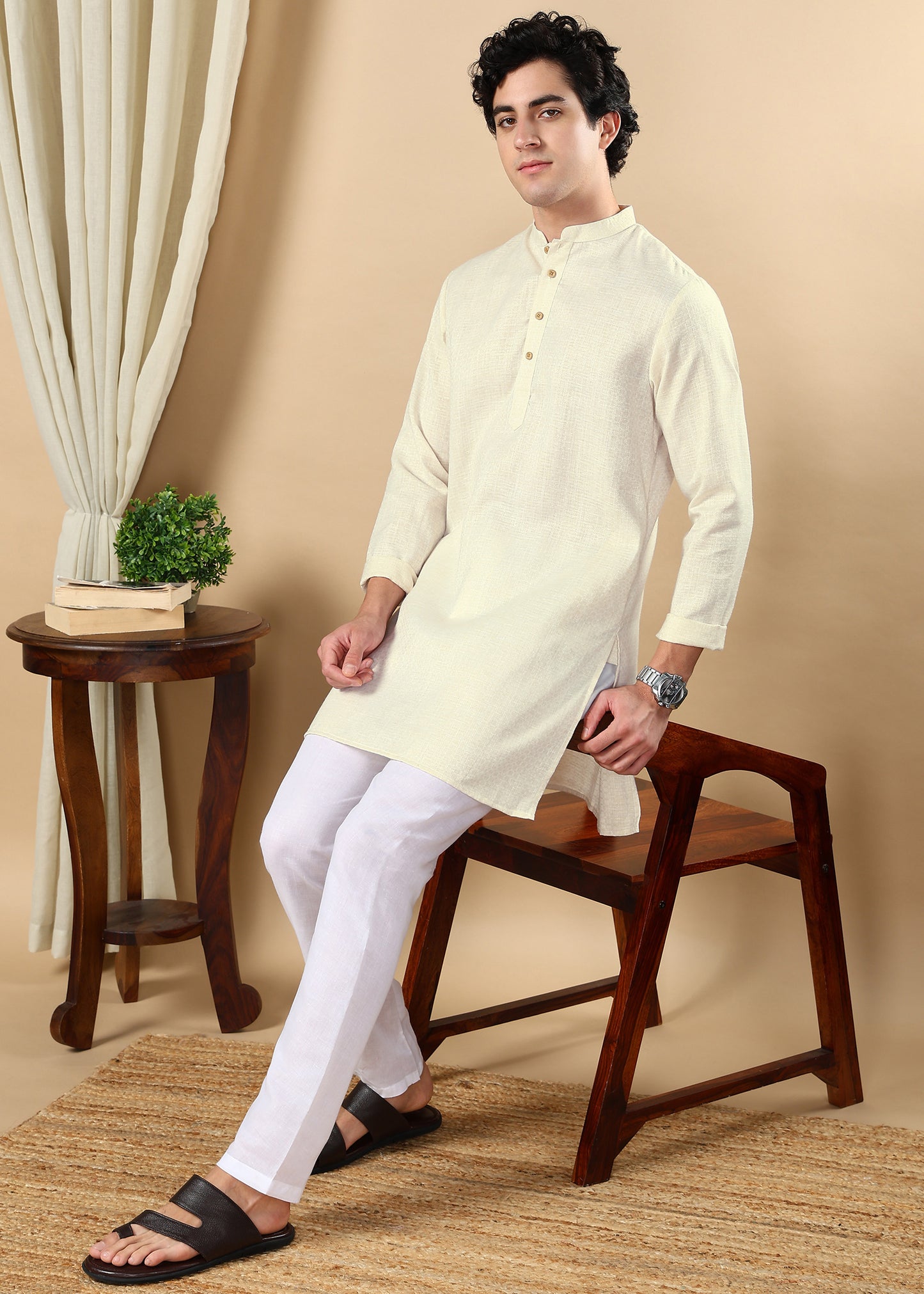 Tattva Cream Toned Woven Design Short Kurta