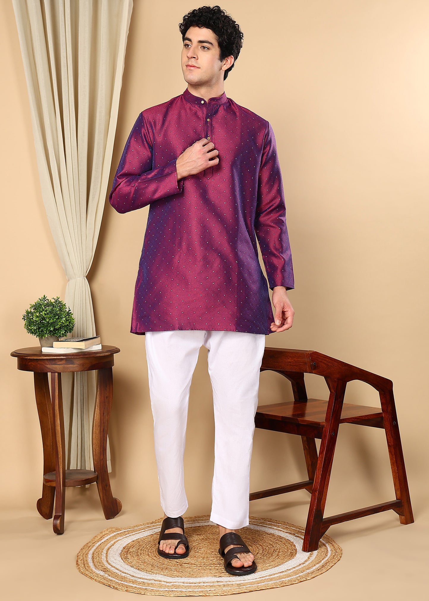 Tattva Geometric Printed Mukaish Work Mandarin Collar Straight Kurta