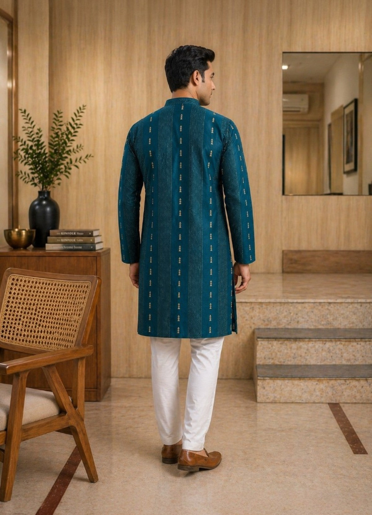 Tattva Men Peacock Blue Embroidered Cotton Silk Kurta with Pyjamas